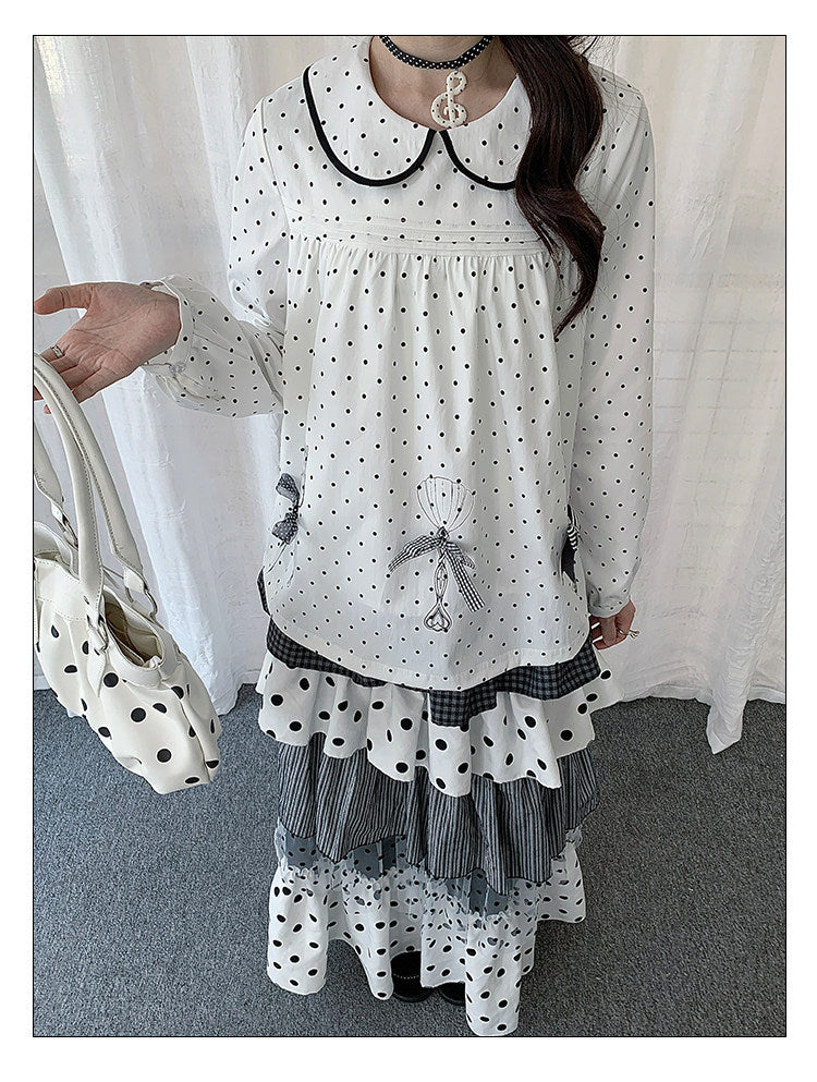Polka Dot Bow Collar Top & Tiered Maxi Skirt