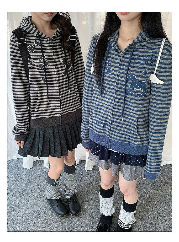 Rocking Horse & Music Appliqué Striped Zip Hoodie