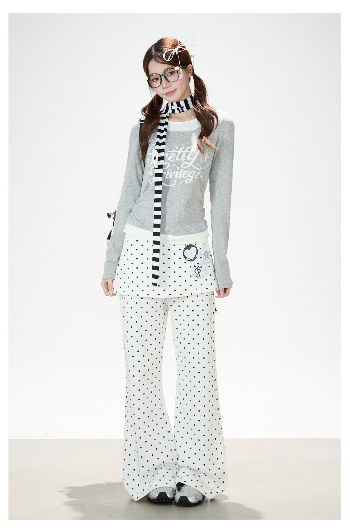 Polka-Dot Skirt-Layer Flared Sweatpants