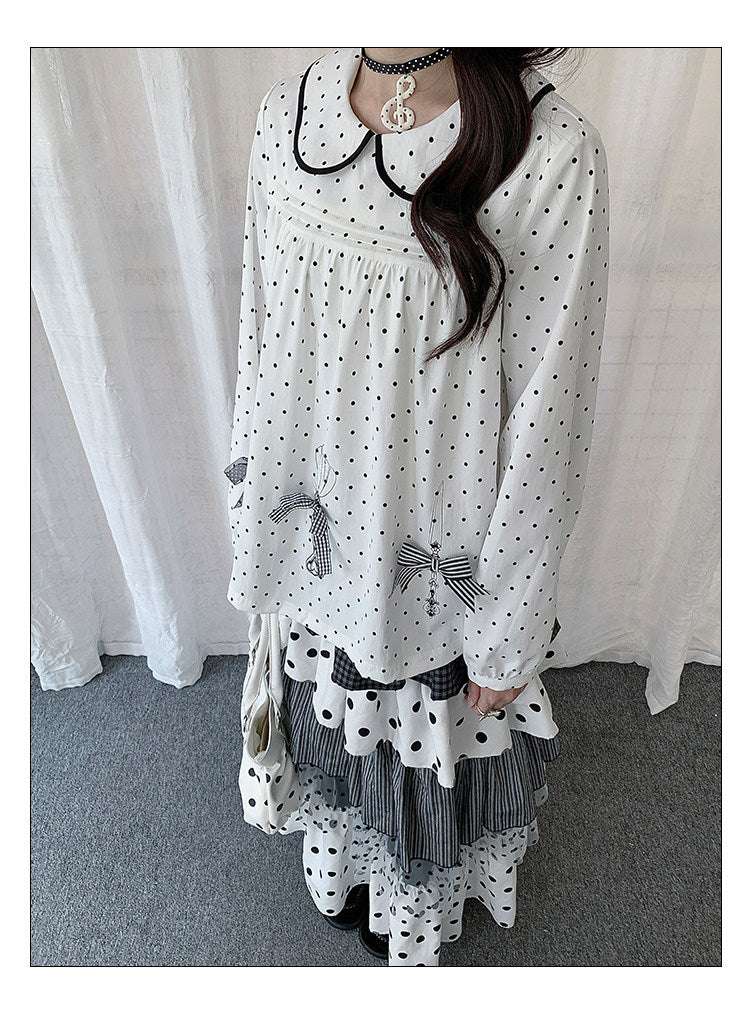 Polka Dot Bow Collar Top & Tiered Maxi Skirt