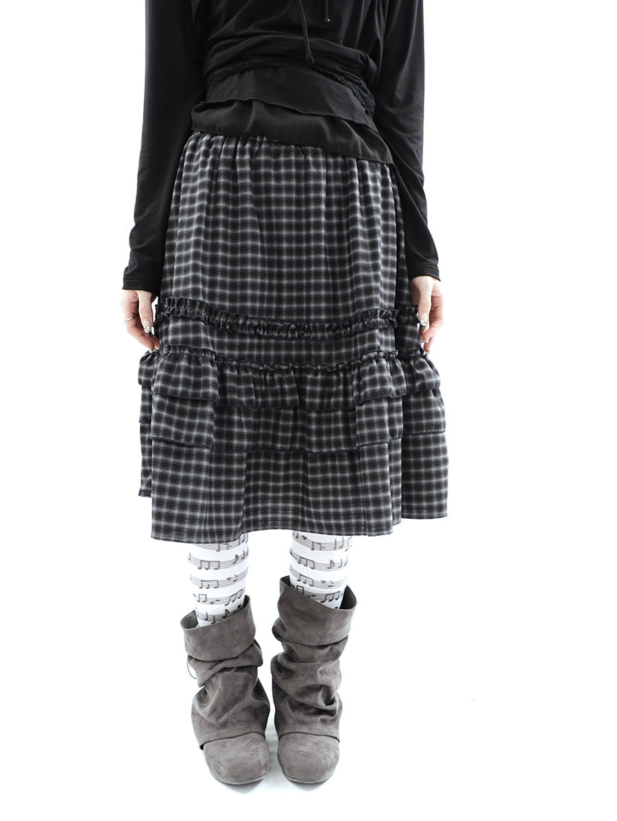 Plaid Ruffle-Tiered Midi Skirt