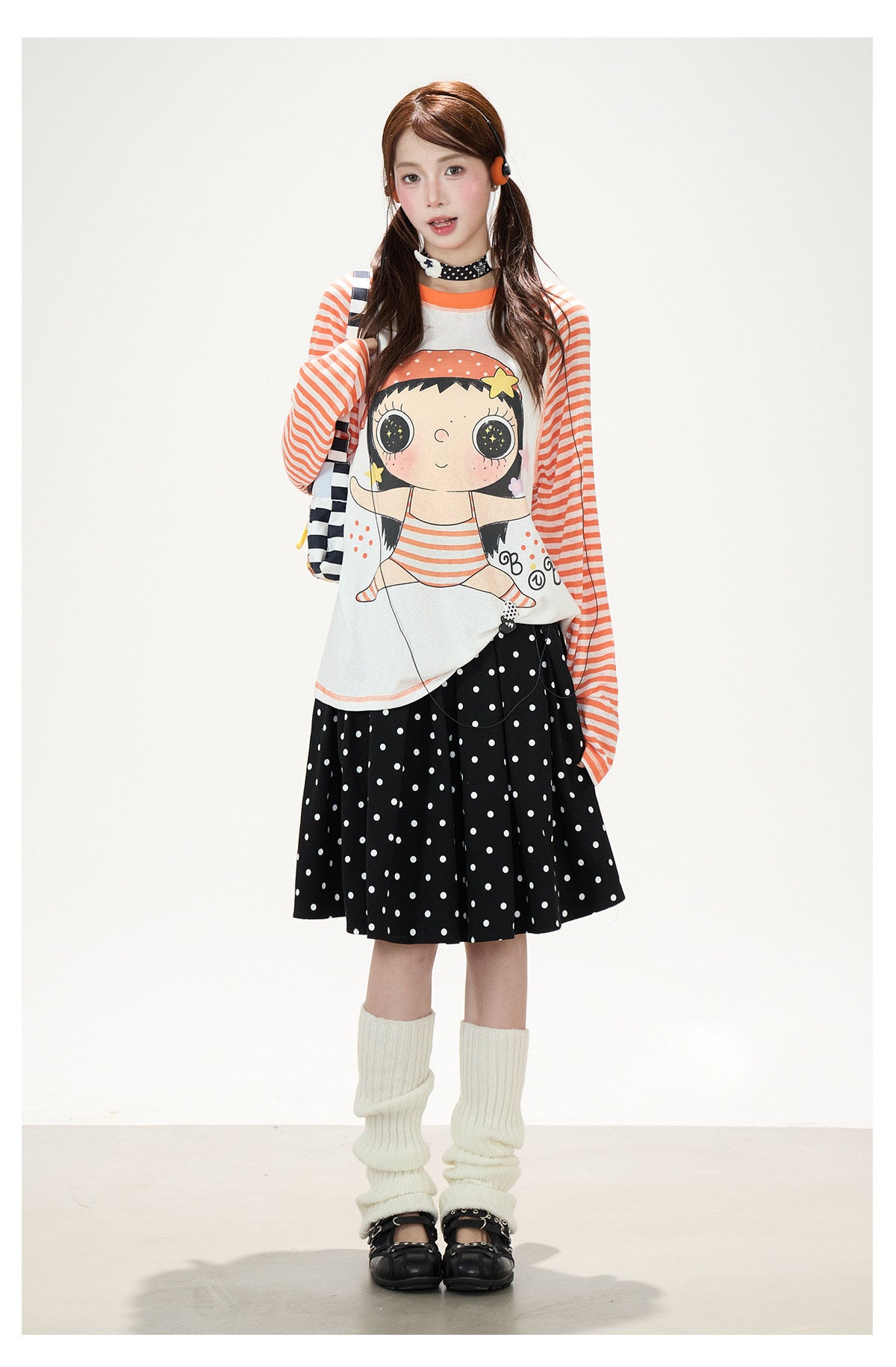 Cartoon Girl Stripe Raglan Long Sleeve Top & Black Polka-Dot Ruffle Skirt