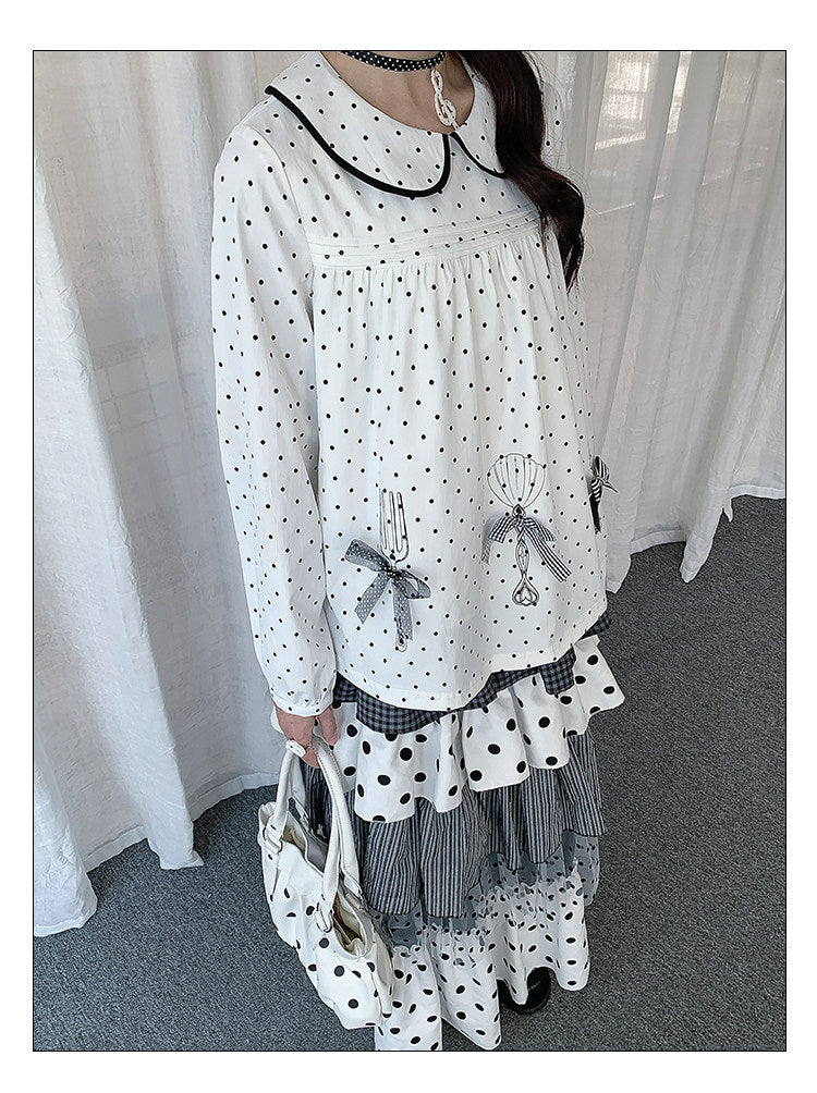 Polka Dot Bow Collar Top & Tiered Maxi Skirt