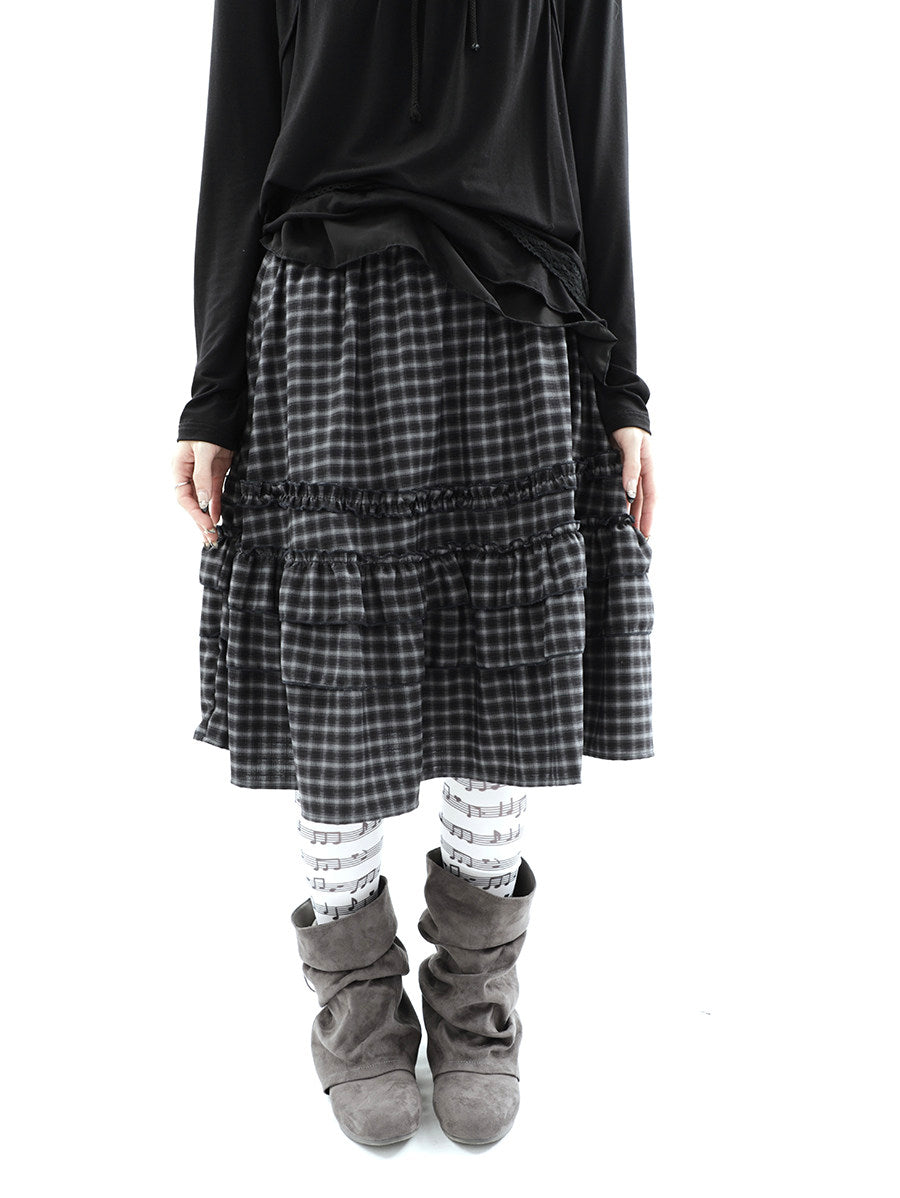 Plaid Ruffle-Tiered Midi Skirt