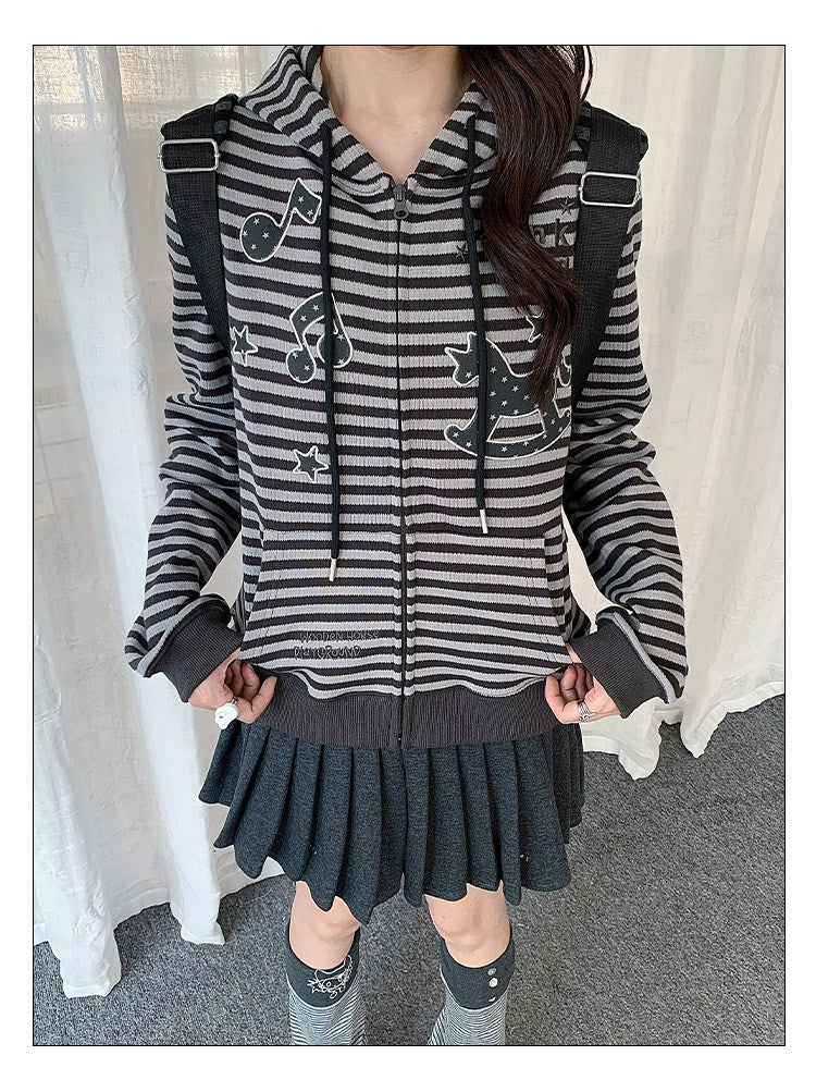 Rocking Horse & Music Appliqué Striped Zip Hoodie
