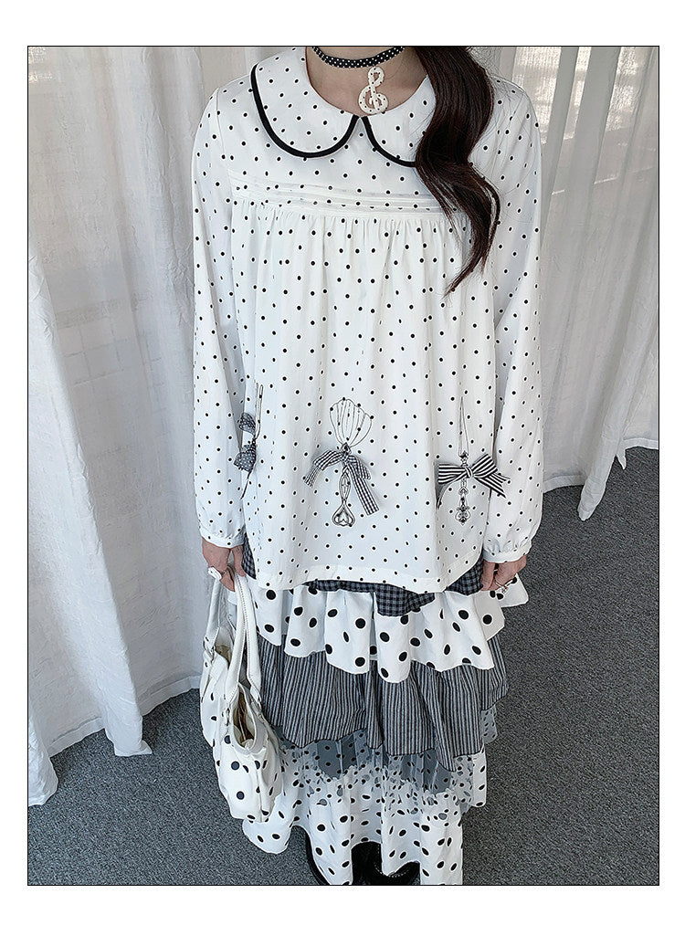 Polka Dot Bow Collar Top & Tiered Maxi Skirt