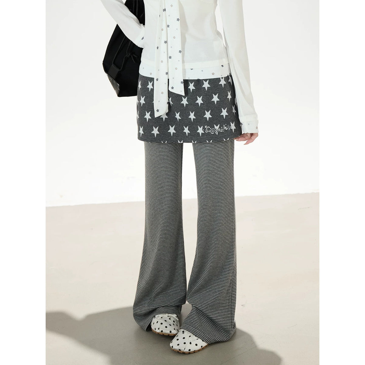 Star Bow-Tie Long Sleeve Top & Star Skirt-Layer Stripe Flared Pants