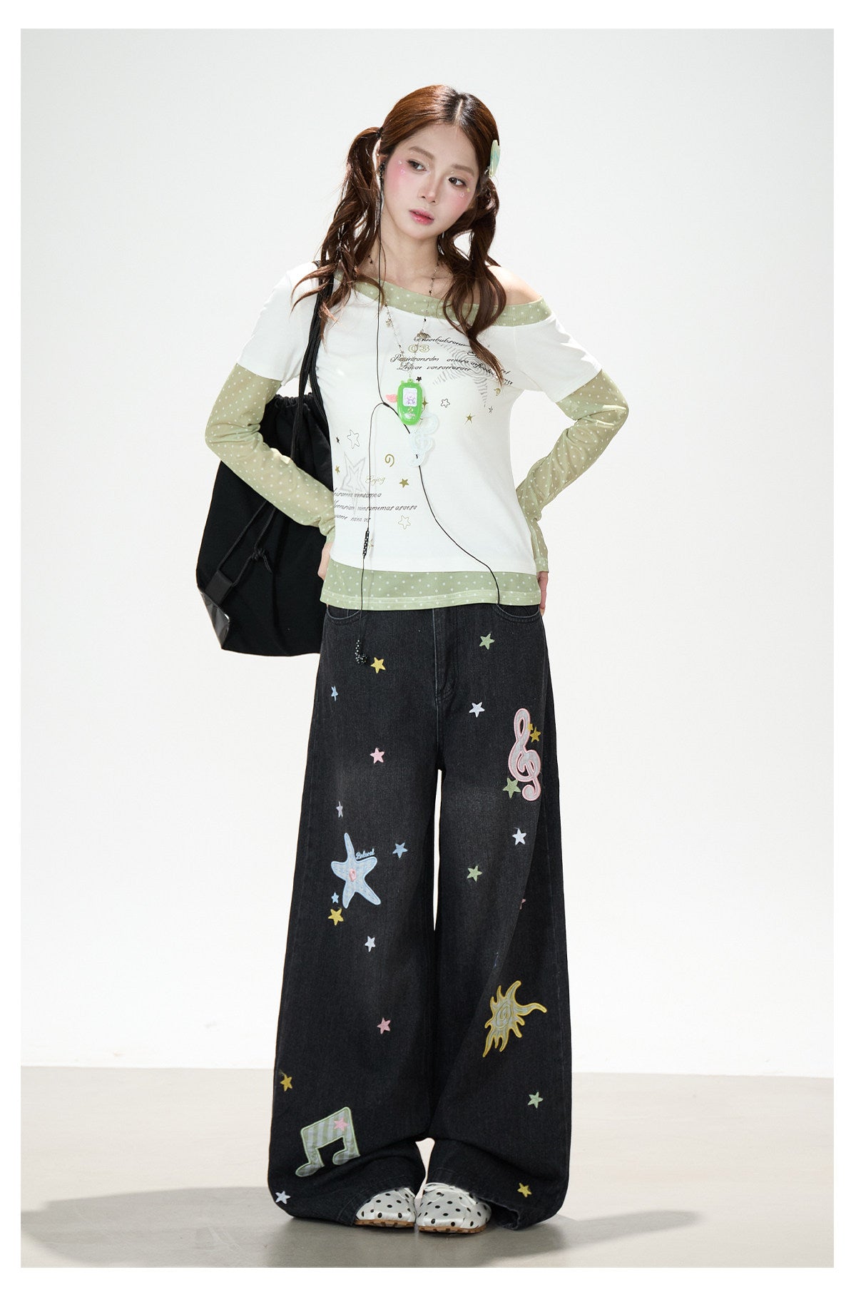 Star Melody Mesh-Layered Off-Shoulder Top & Embroidered Wide-Leg Jeans
