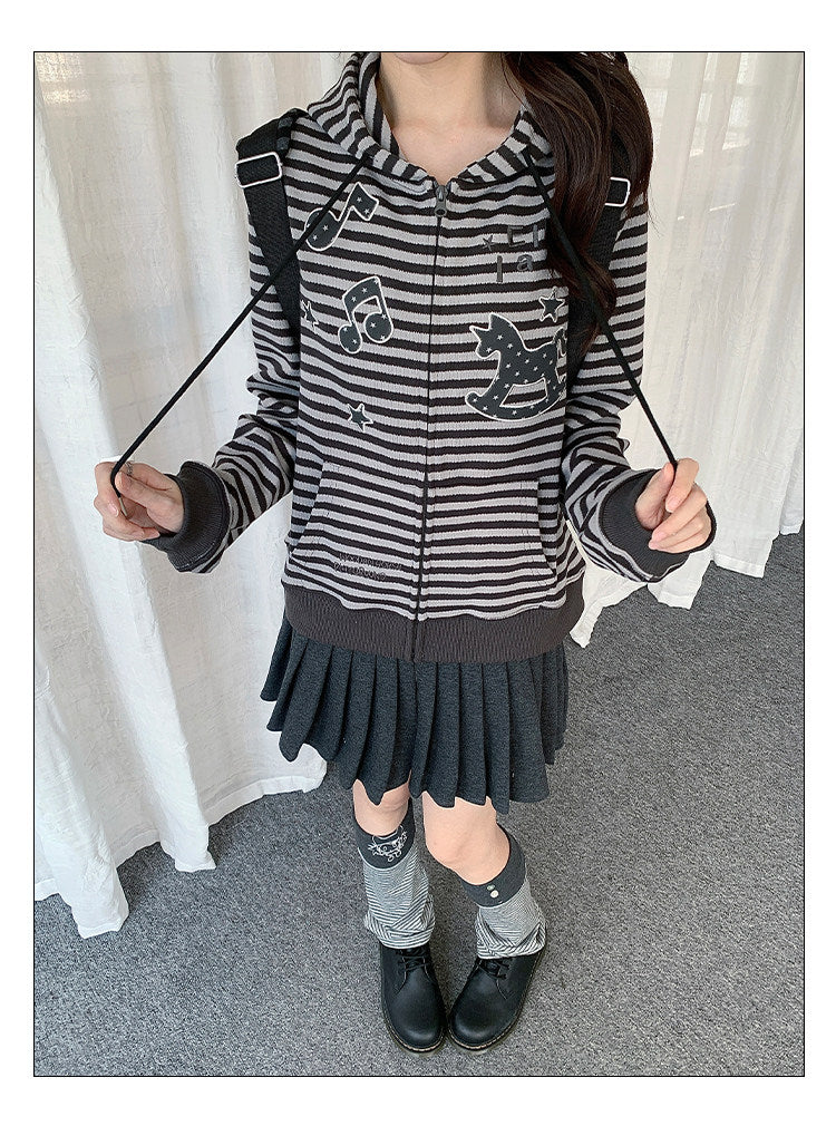 Rocking Horse & Music Appliqué Striped Zip Hoodie