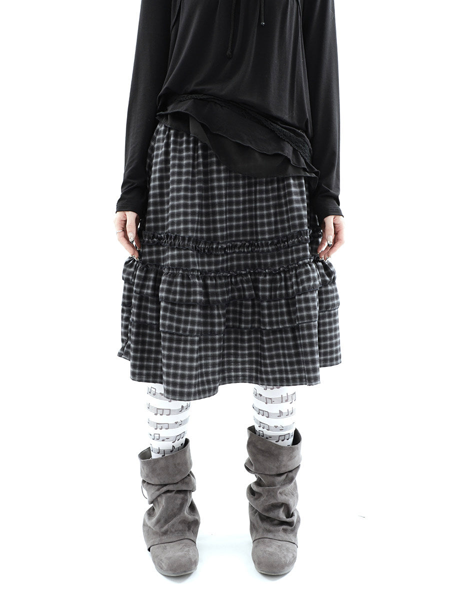 Plaid Ruffle-Tiered Midi Skirt