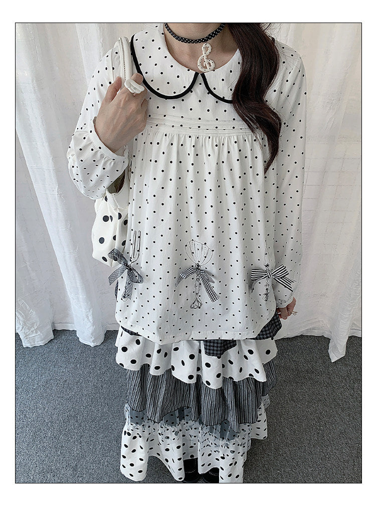 Polka Dot Bow Collar Top & Tiered Maxi Skirt