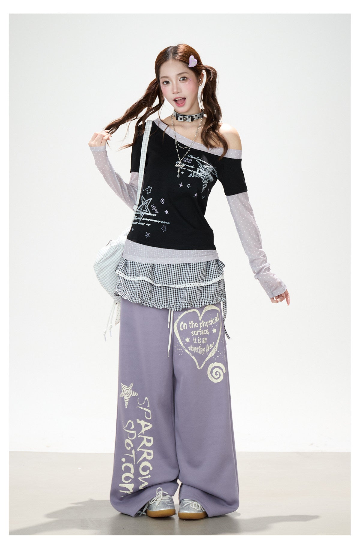 Star Melody Mesh-Layered Off-Shoulder Top & Embroidered Wide-Leg Jeans