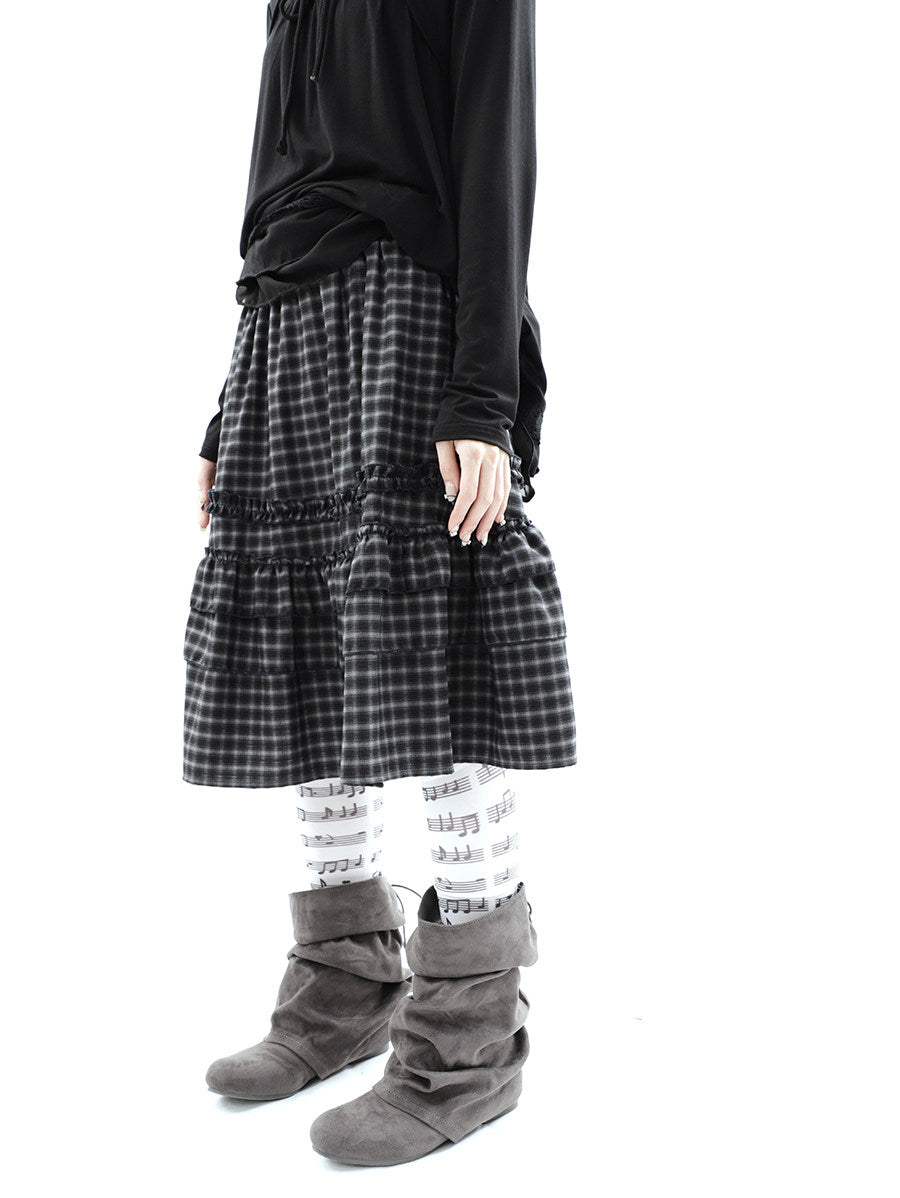 Plaid Ruffle-Tiered Midi Skirt