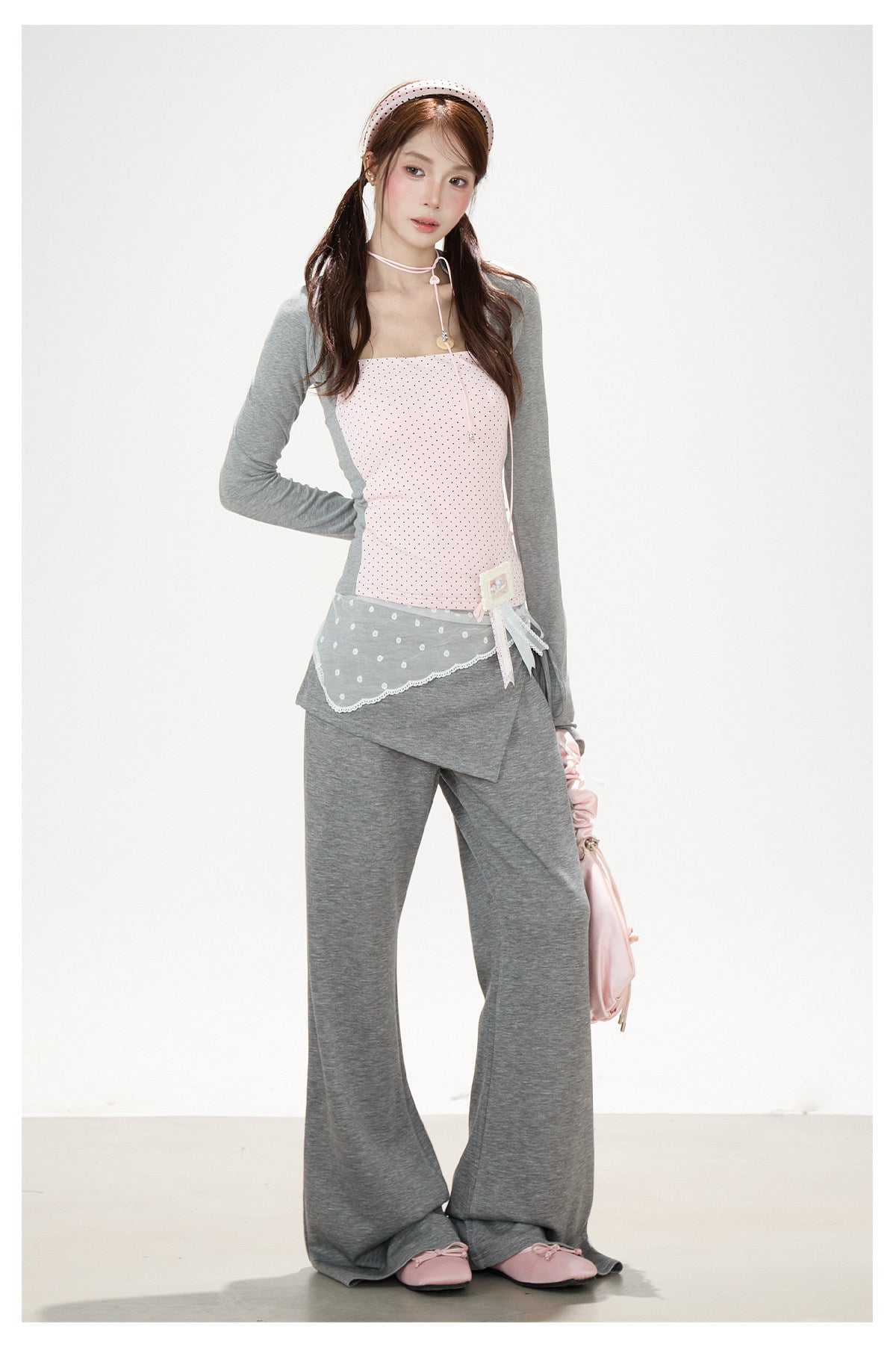 Polka-Dot Layered Cami Long Sleeve Top & Gray Ruffle Shorts
