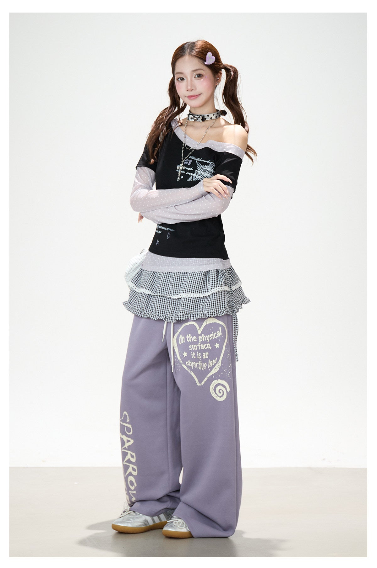Star Melody Mesh-Layered Off-Shoulder Top & Embroidered Wide-Leg Jeans