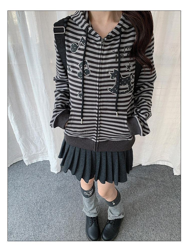 Rocking Horse & Music Appliqué Striped Zip Hoodie