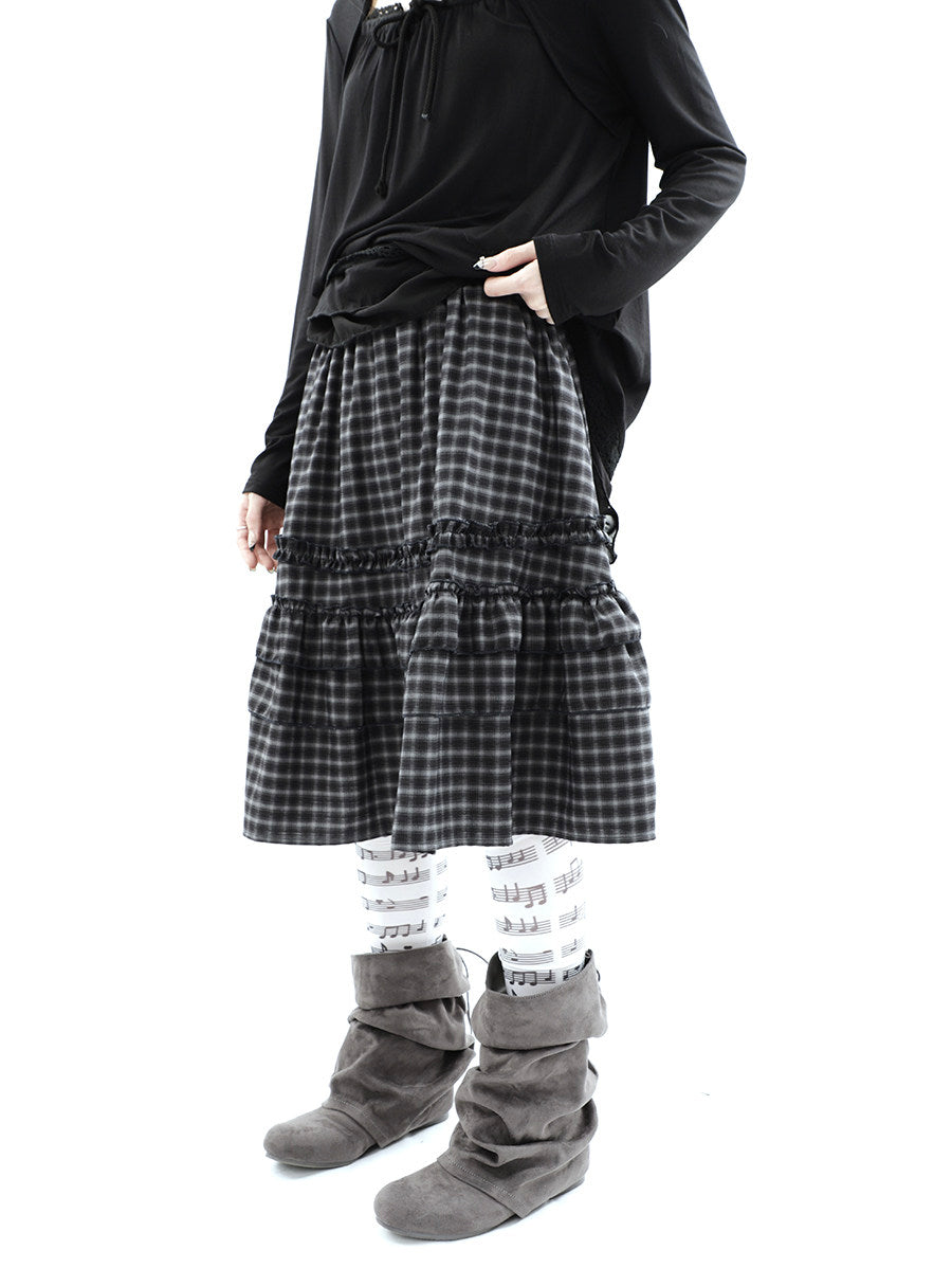 Plaid Ruffle-Tiered Midi Skirt