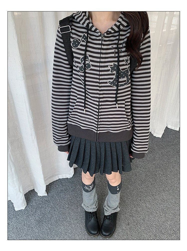 Rocking Horse & Music Appliqué Striped Zip Hoodie