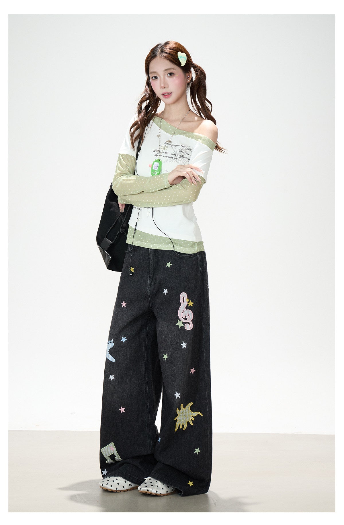 Star Melody Mesh-Layered Off-Shoulder Top & Embroidered Wide-Leg Jeans