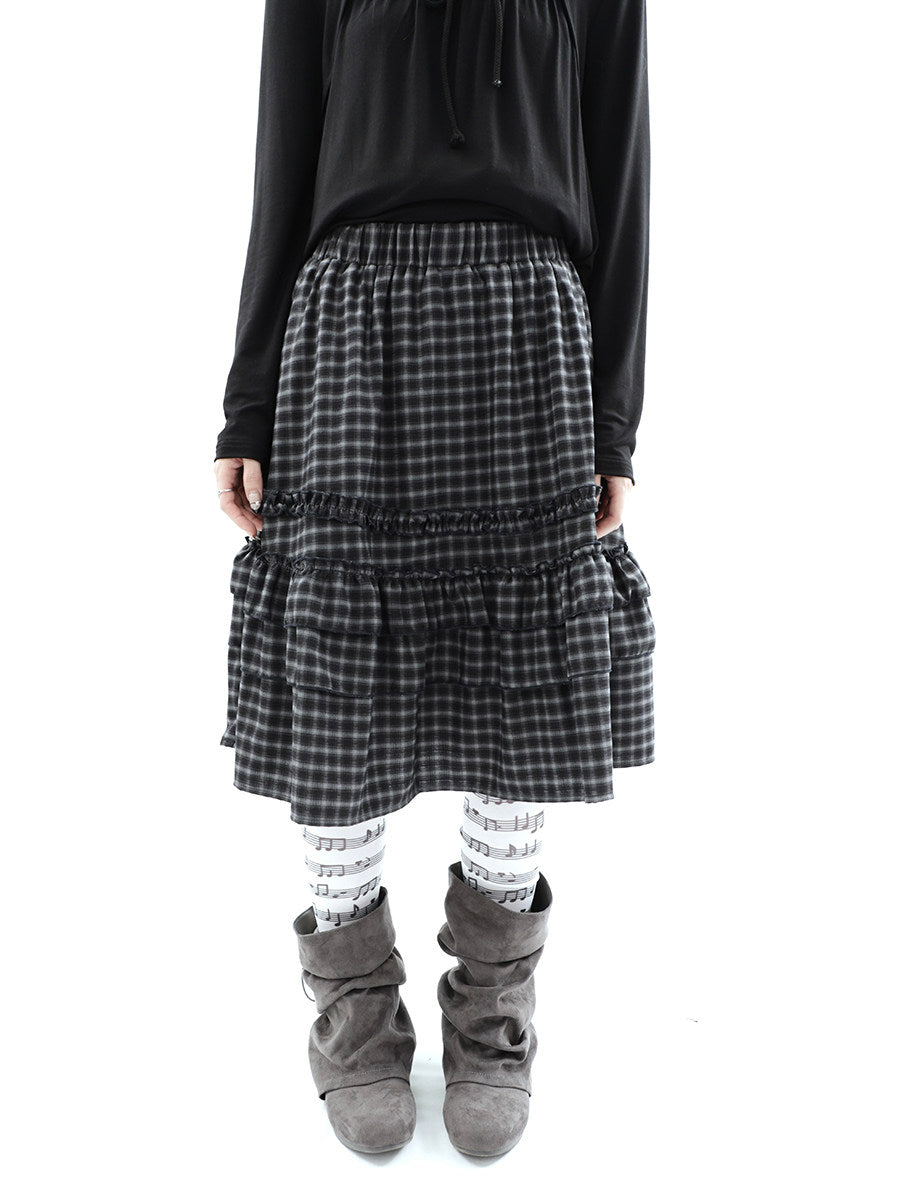 Plaid Ruffle-Tiered Midi Skirt
