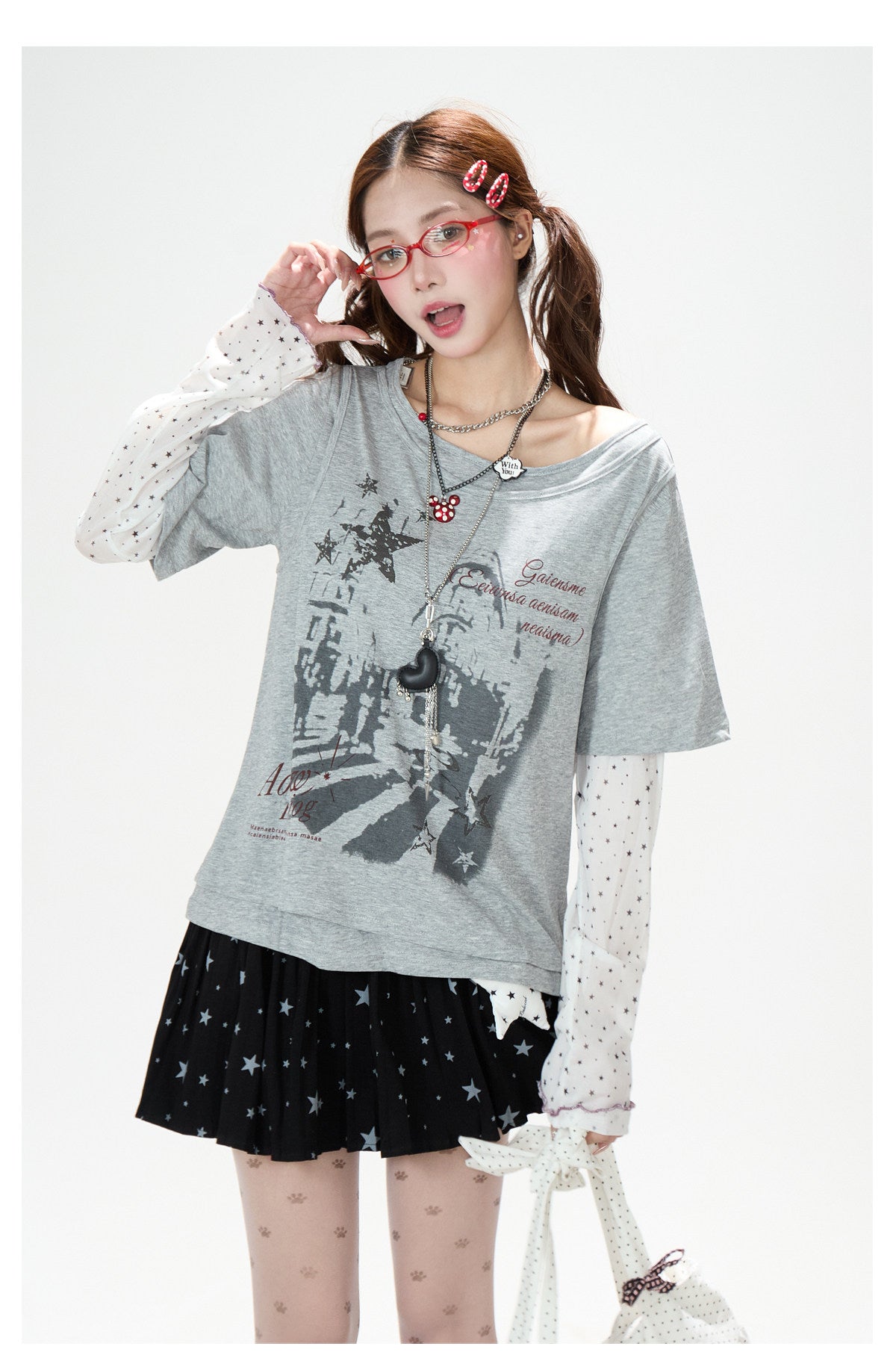 Faux Layered Star Mesh Graphic Long Sleeve Top & Black Star Pleated Mini Skirt