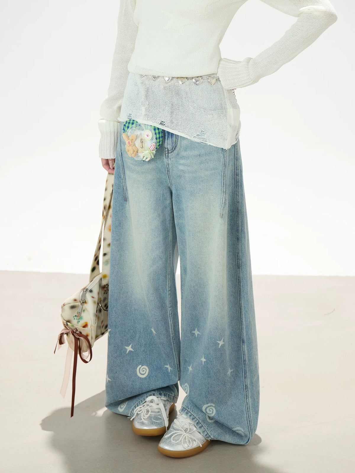 Playful Star Print Washed Wide-Leg Jeans