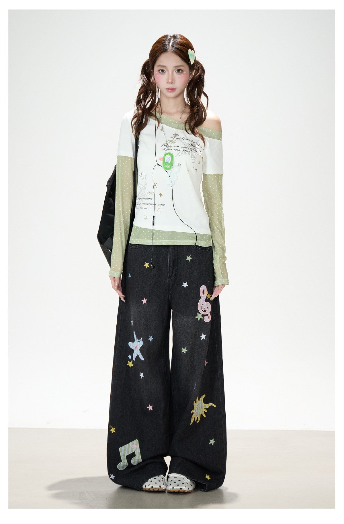 Star Melody Mesh-Layered Off-Shoulder Top & Embroidered Wide-Leg Jeans