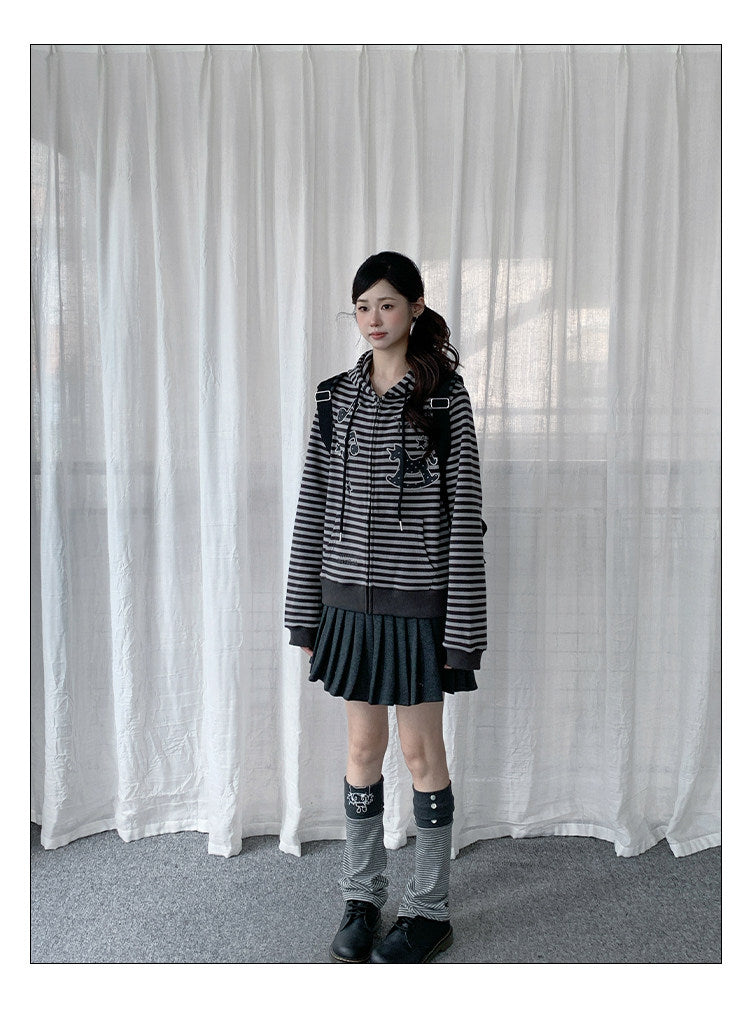 Rocking Horse & Music Appliqué Striped Zip Hoodie