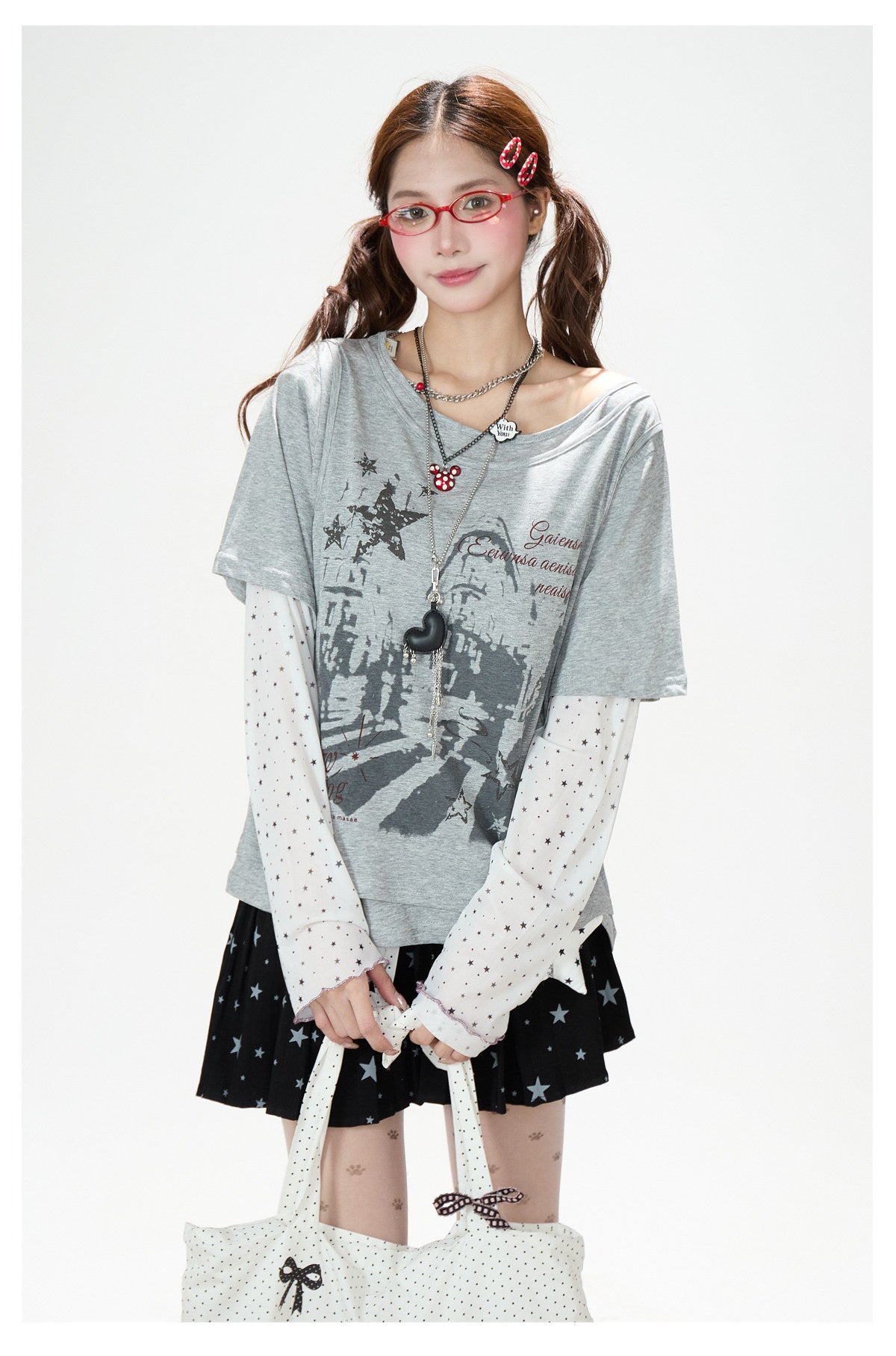 Faux Layered Star Mesh Graphic Long Sleeve Top & Black Star Pleated Mini Skirt
