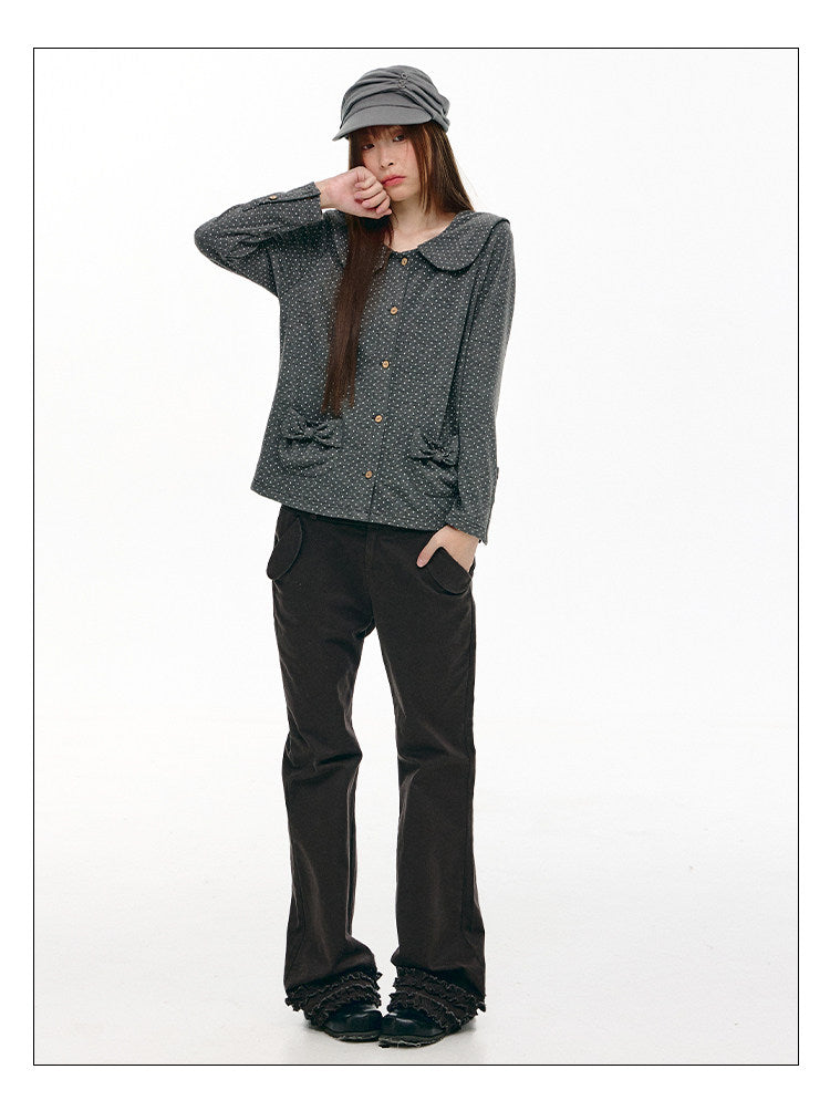 Charcoal Polka Dot Peter Pan Collar Button Shirt