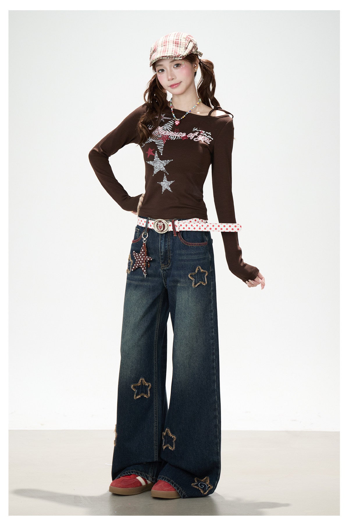 Frayed Star Patch Washed Wide-Leg Jeans