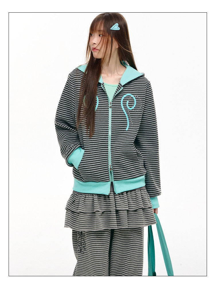 Striped Ruffle-Overlay Wide-Leg Pants