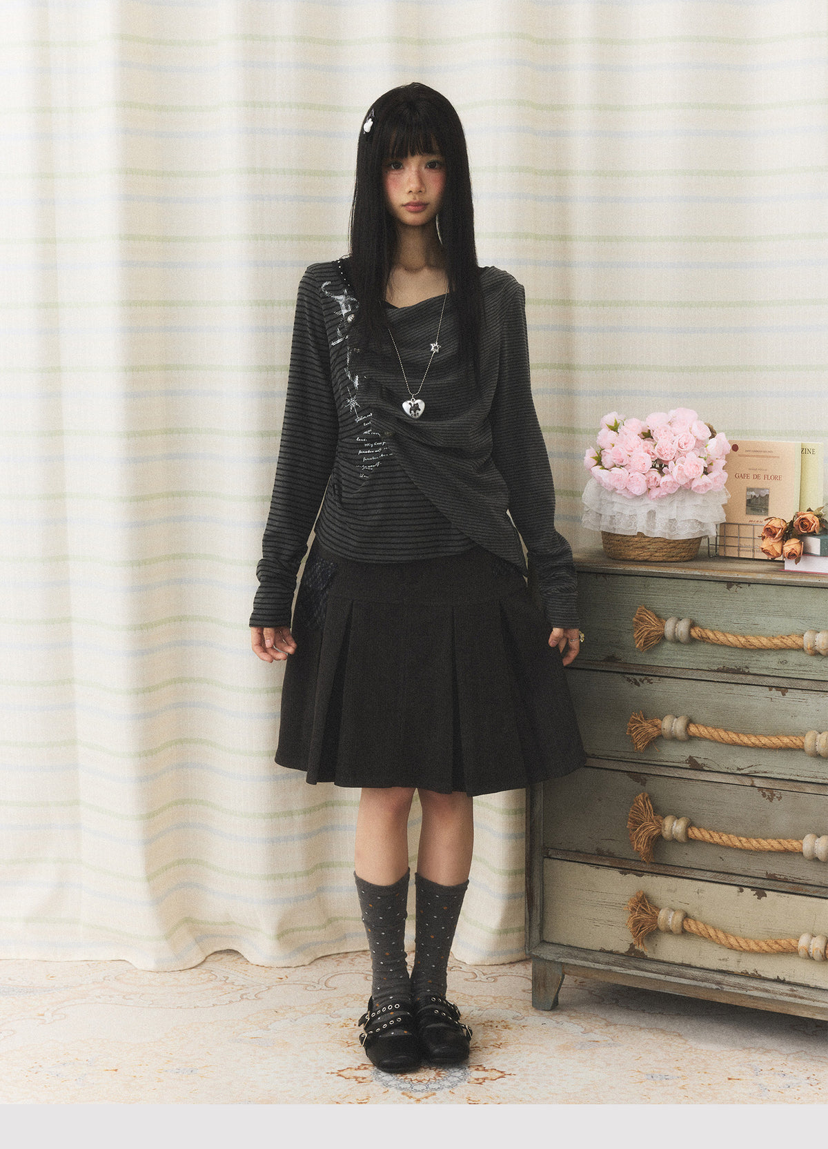Charcoal Pleated A-Line Skirt