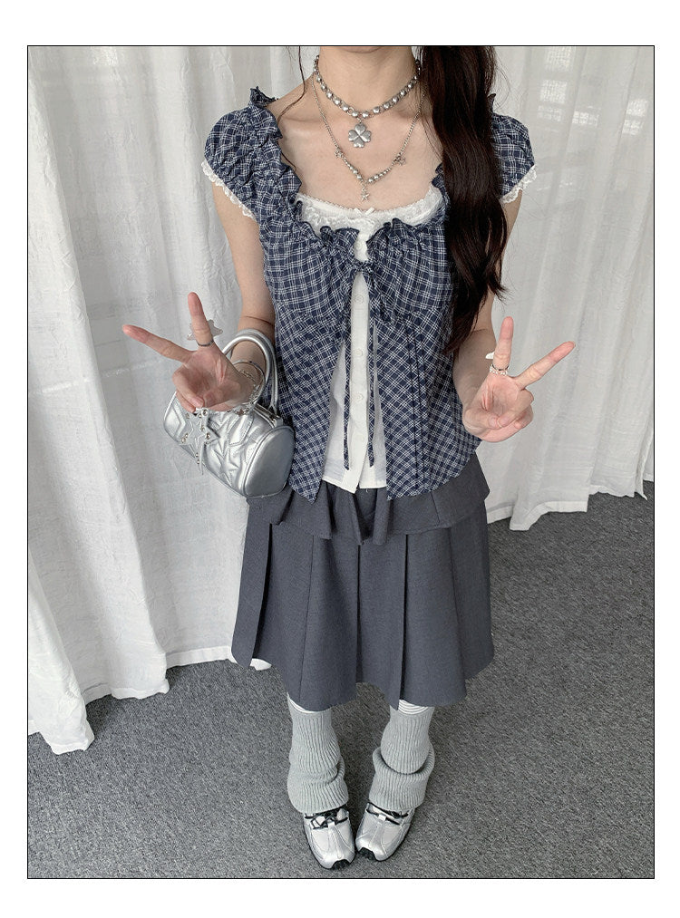 Gray Plaid Tie-Front Layered Puff-Sleeve Top