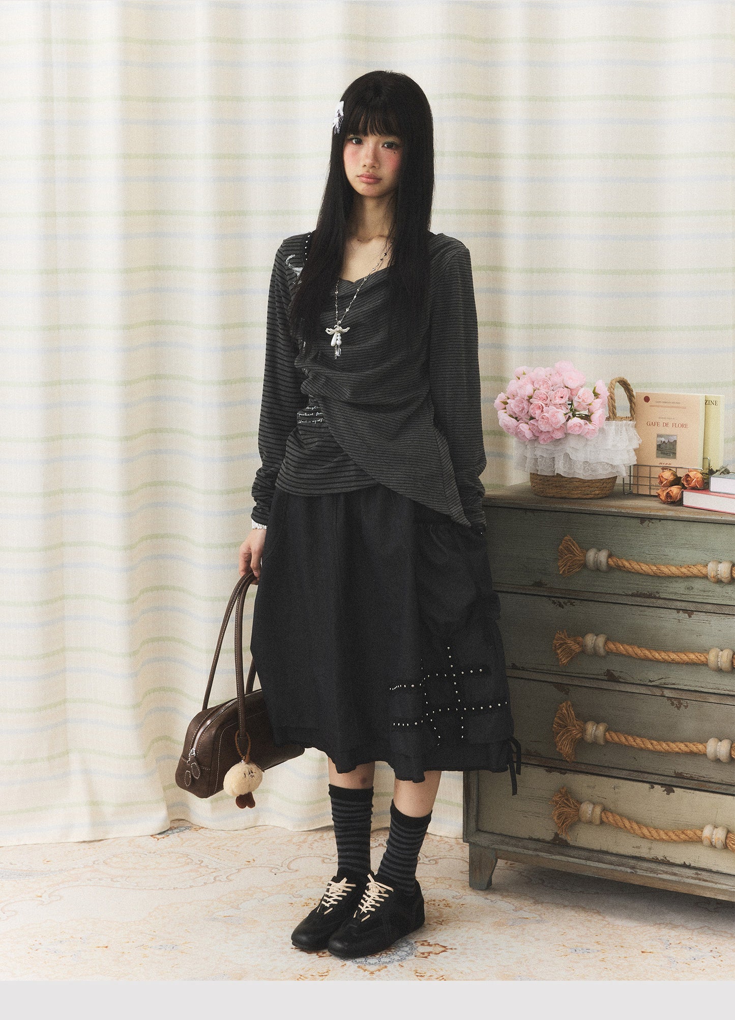 Charcoal Stripe Studded Draped-Neck Long-Sleeve Top