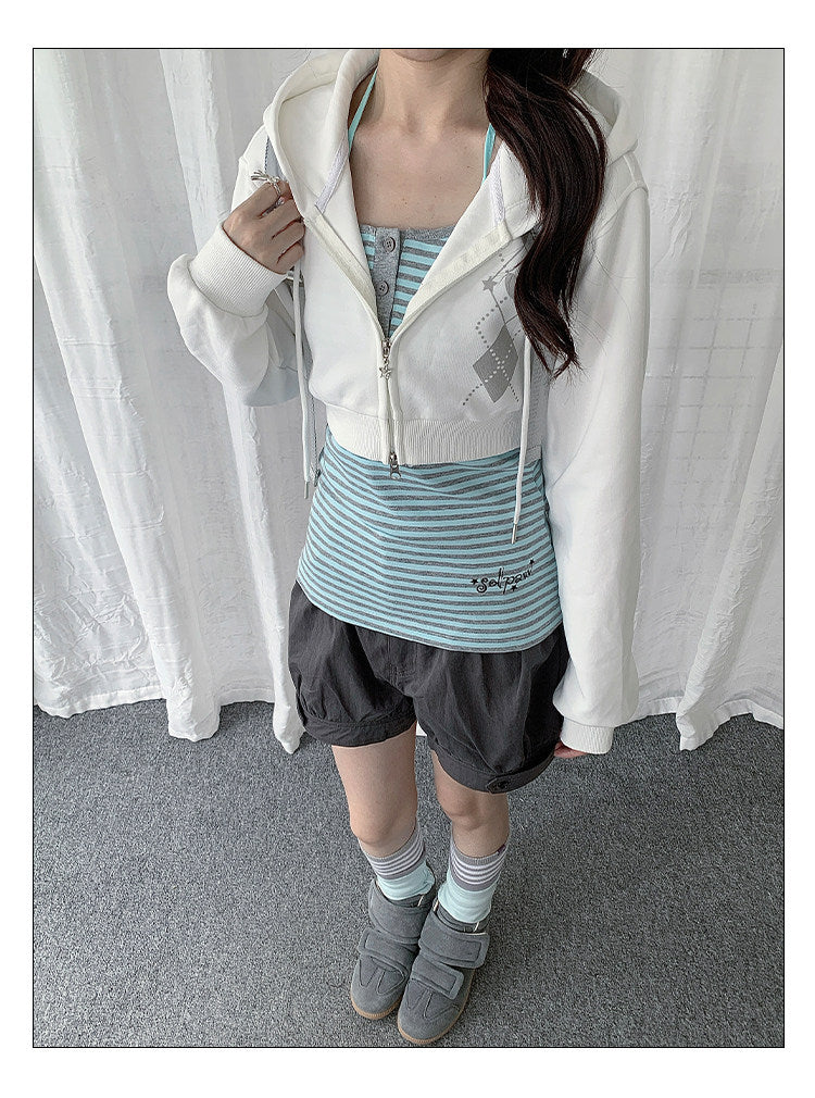 Striped Cami & Cropped Zip Hoodie Two-Piece Set