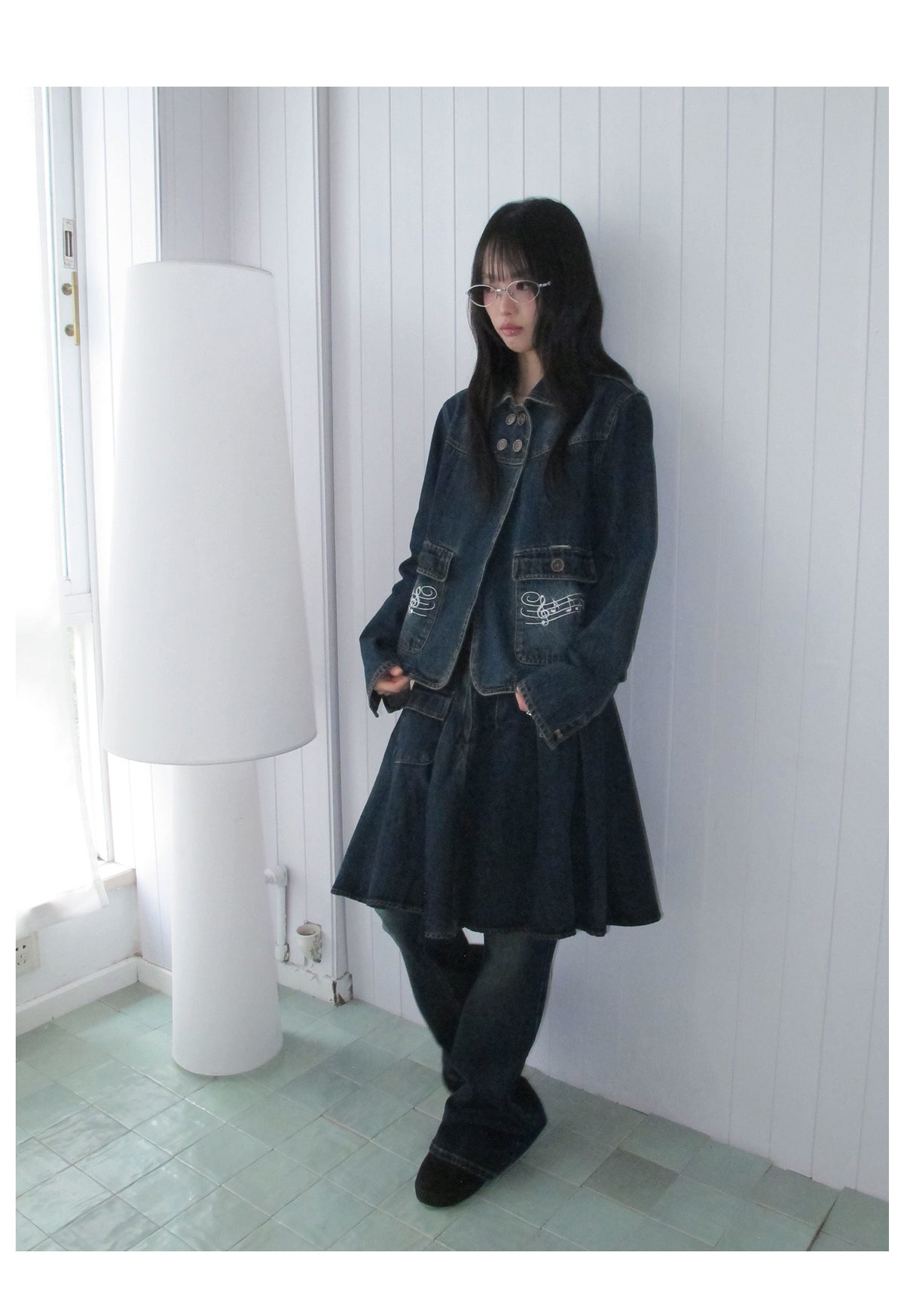 Washed Denim Music-Note Embroidered Jacket