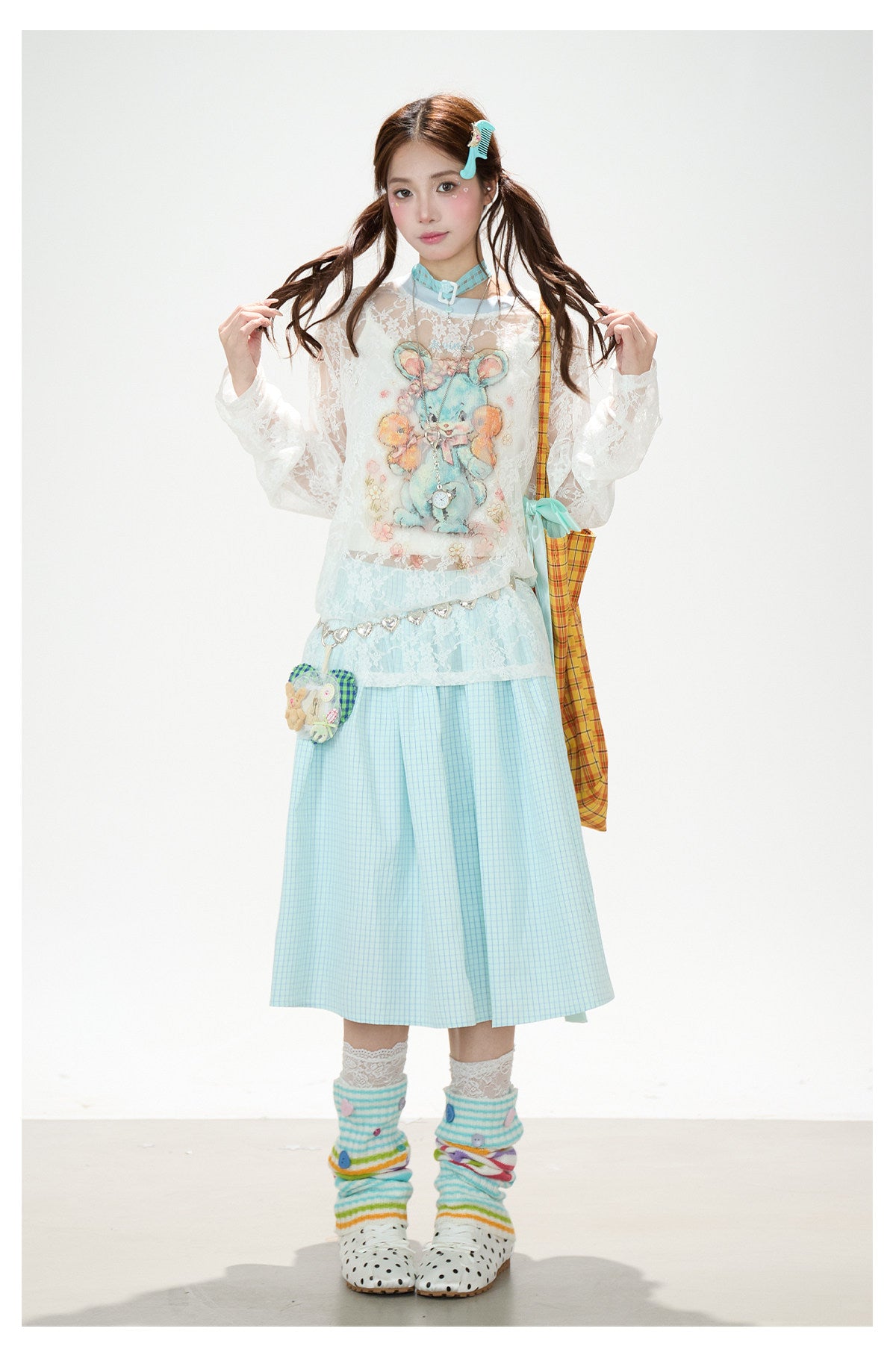 Bunny Sheer Lace Long Sleeve Top & Mint Plaid A-Line Skirt