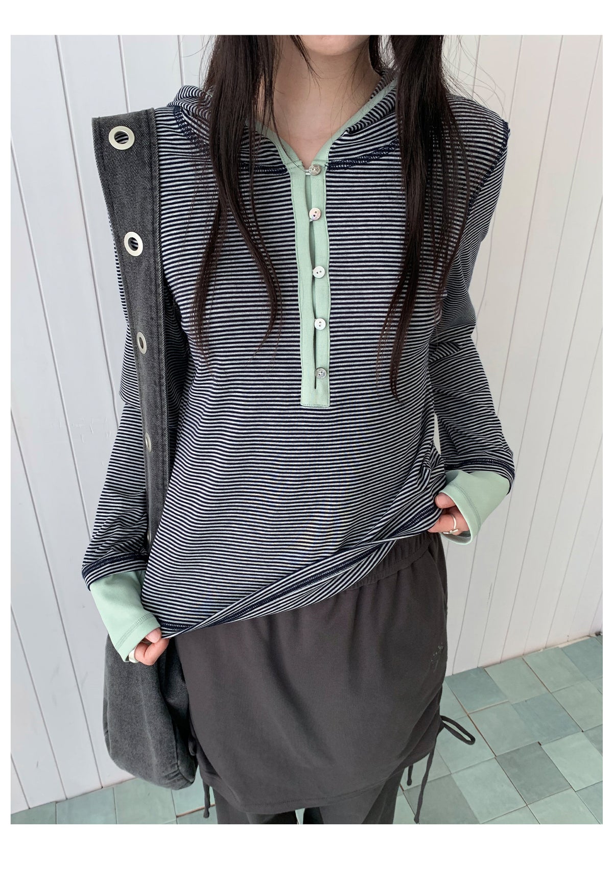 Blue-Gray Stripe Contrast Hooded Long Sleeve Top