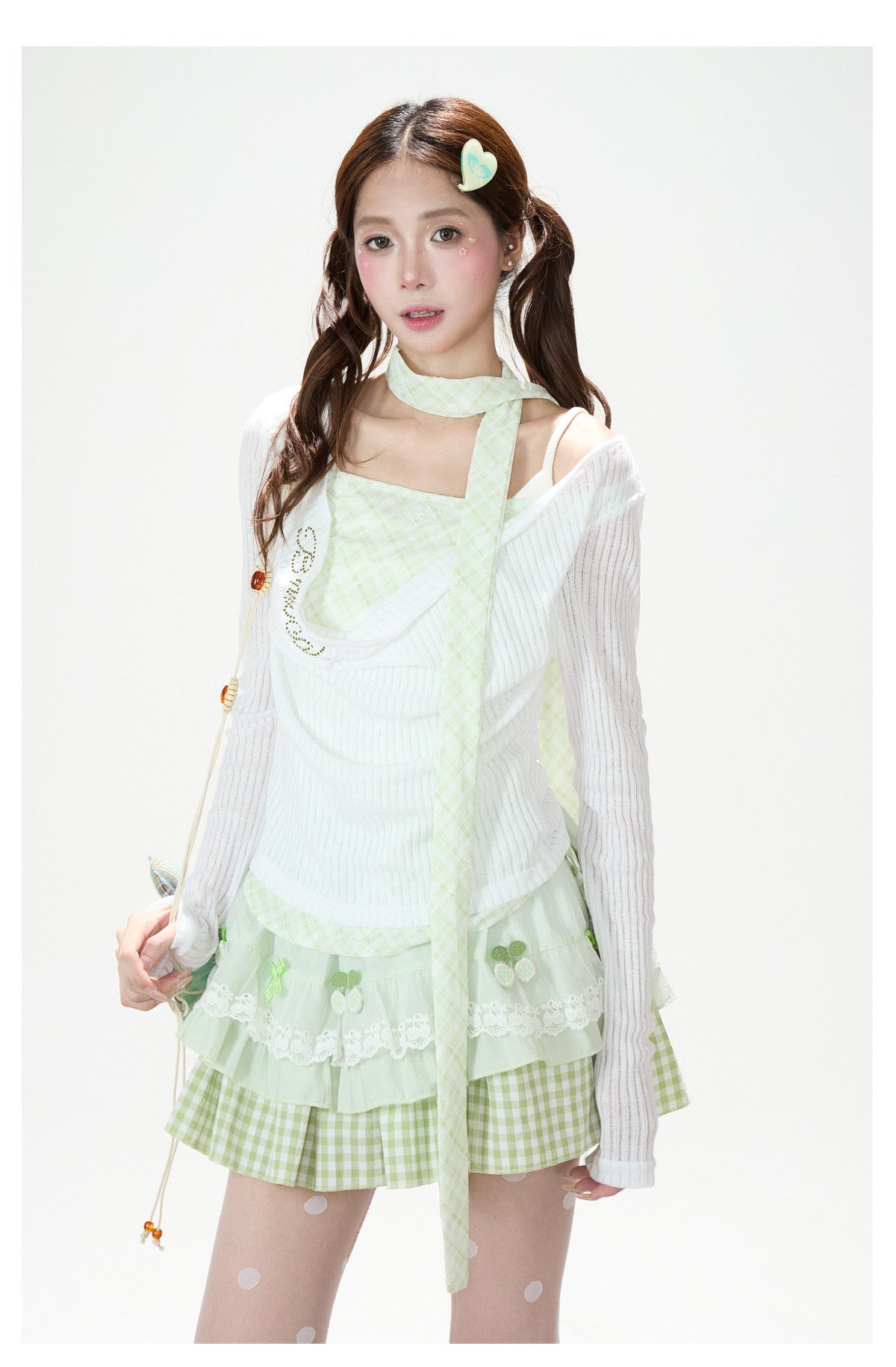 Mint Gingham Layered Knit Long Sleeve Top & Cherry Ruffle Mini Skirt