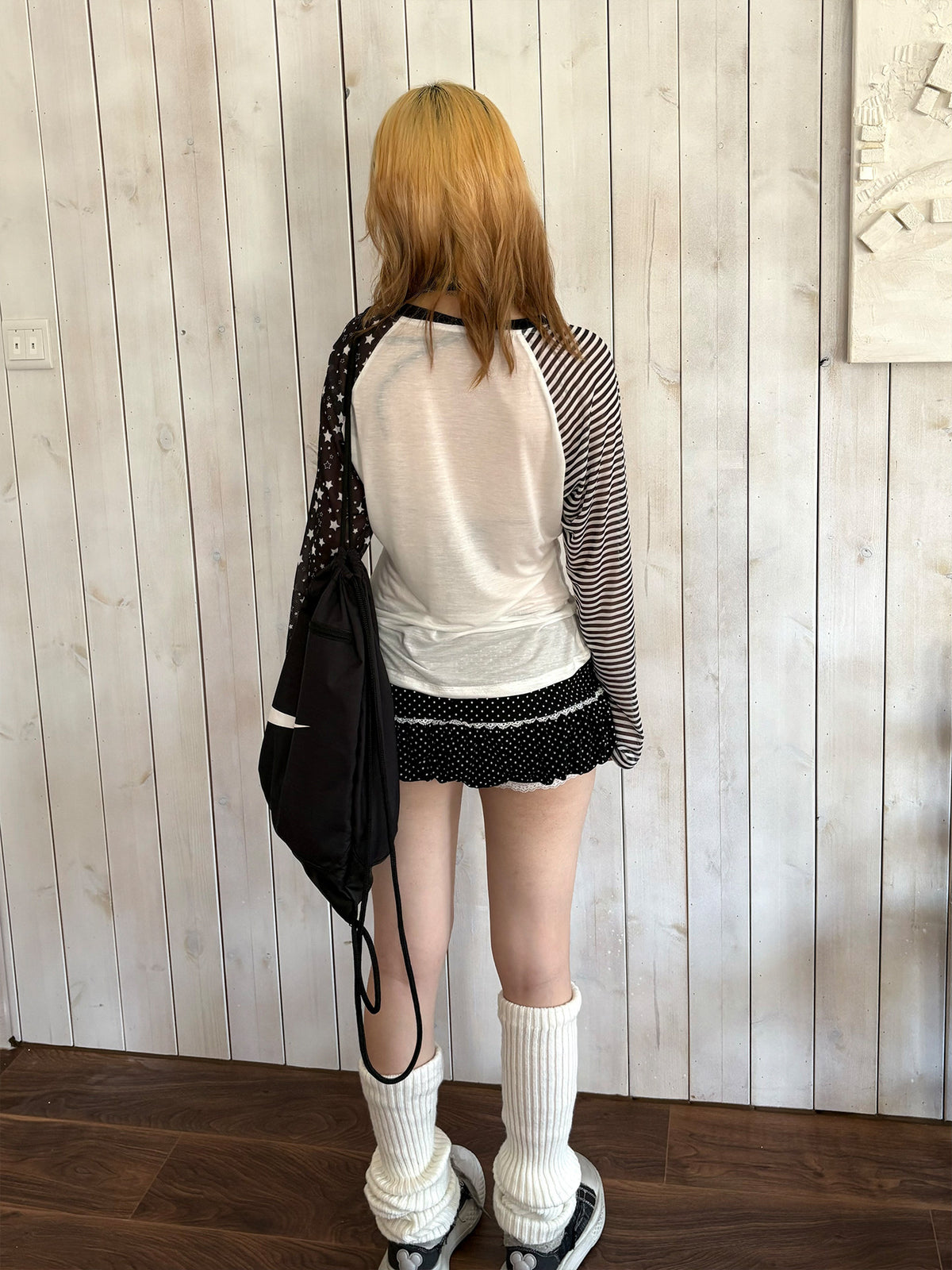 Star Mesh Stripe Contrast Lyocell Long Sleeve Top