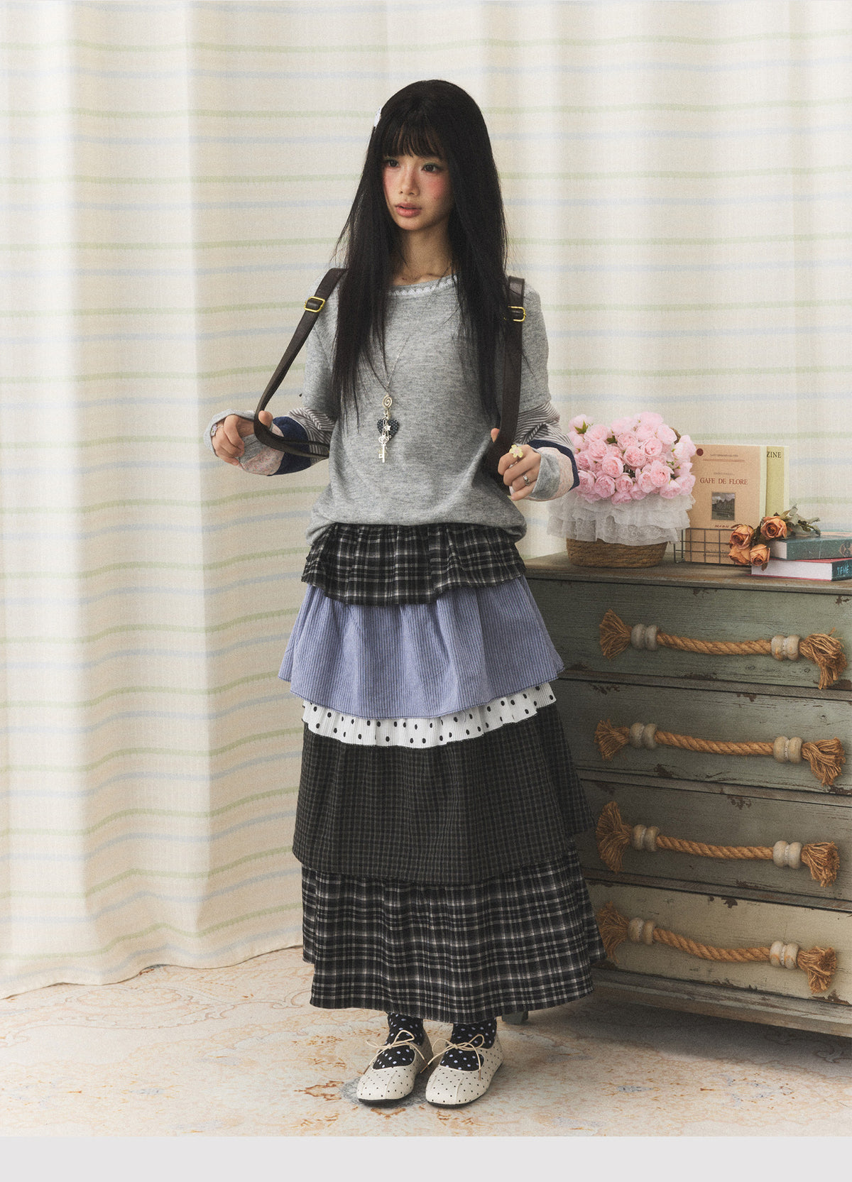 Lace-Trim Patchwork Faux-Layered Long Sleeve Top