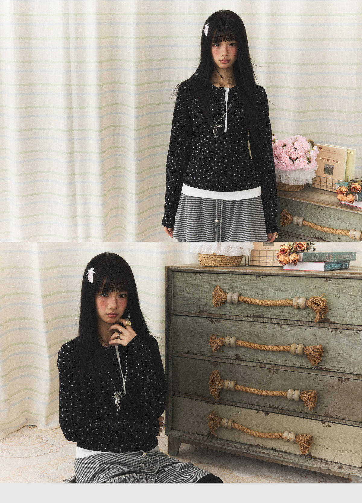 Floral Henley Faux-Layer Long Sleeve Top