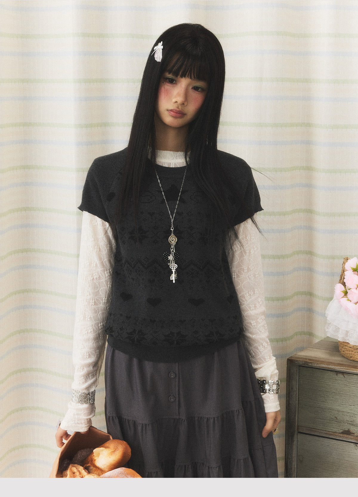Floral Lace Long Sleeve & Jacquard Knit Short Sleeve Top