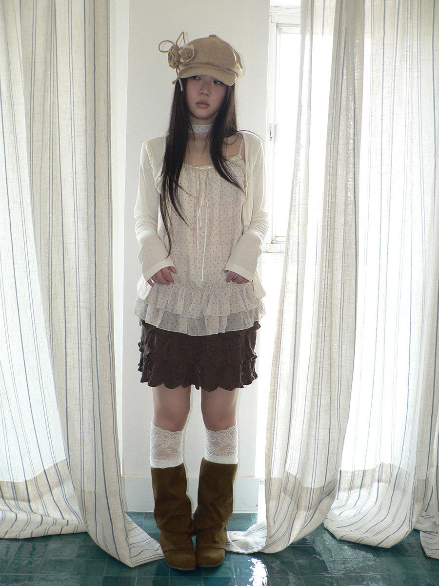 Polka Dot Ruffle Camisole & Cardigan Set with Scarf