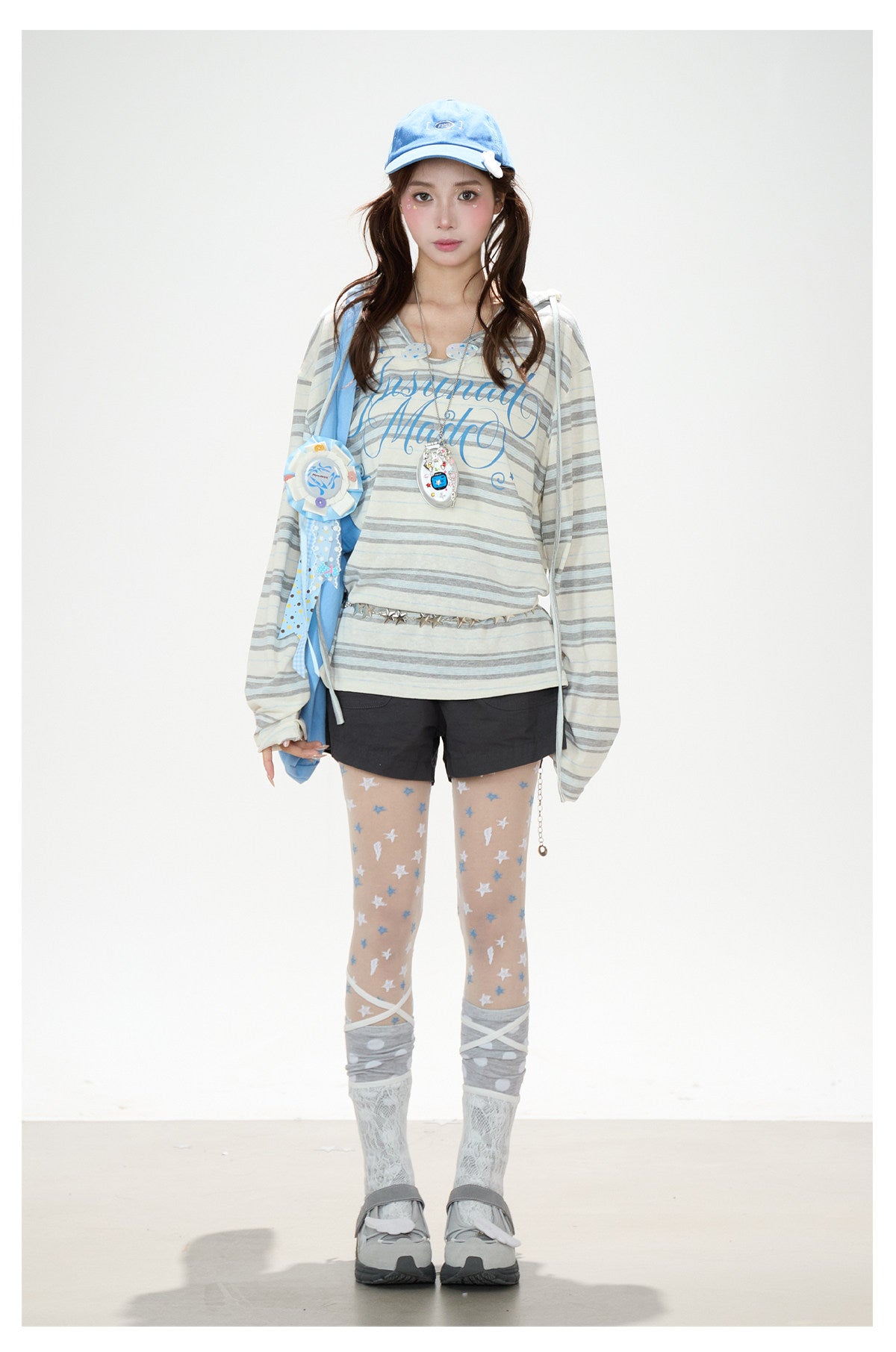 Blue Striped Hooded Long Sleeve Top & Dark Gray Drawstring Shorts