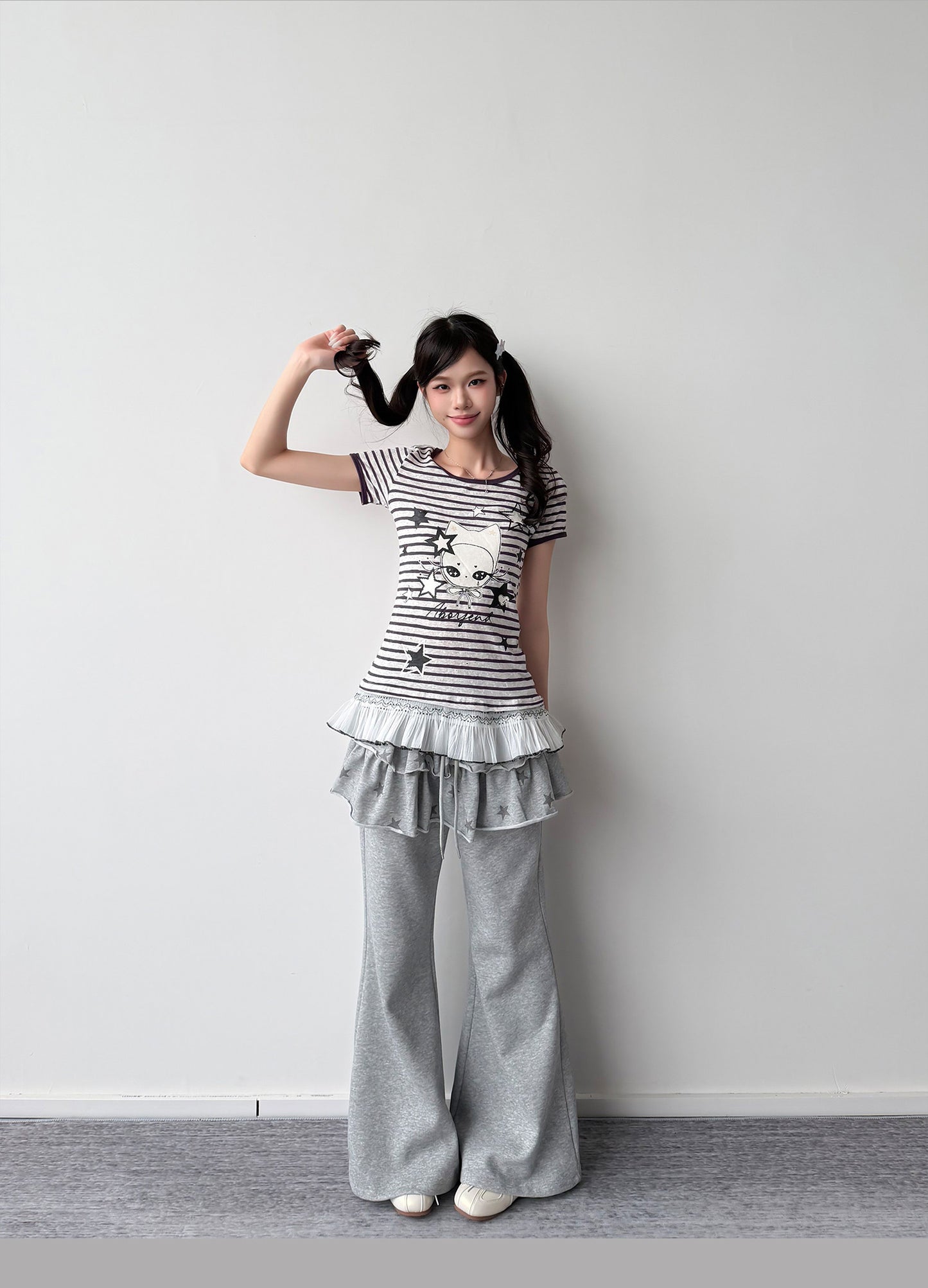 Purple Stripe Star Girl Ruffle-Hem Tee