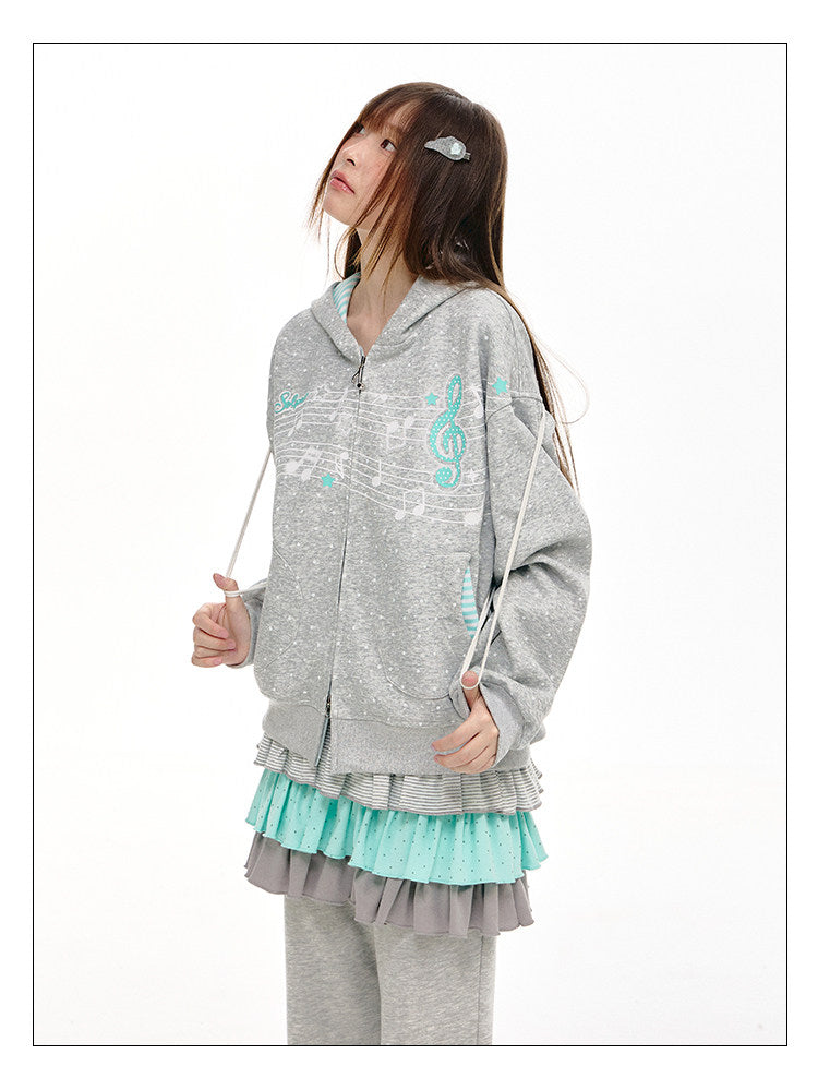 Gray Melody Polka Dot Graphic Zip Hoodie
