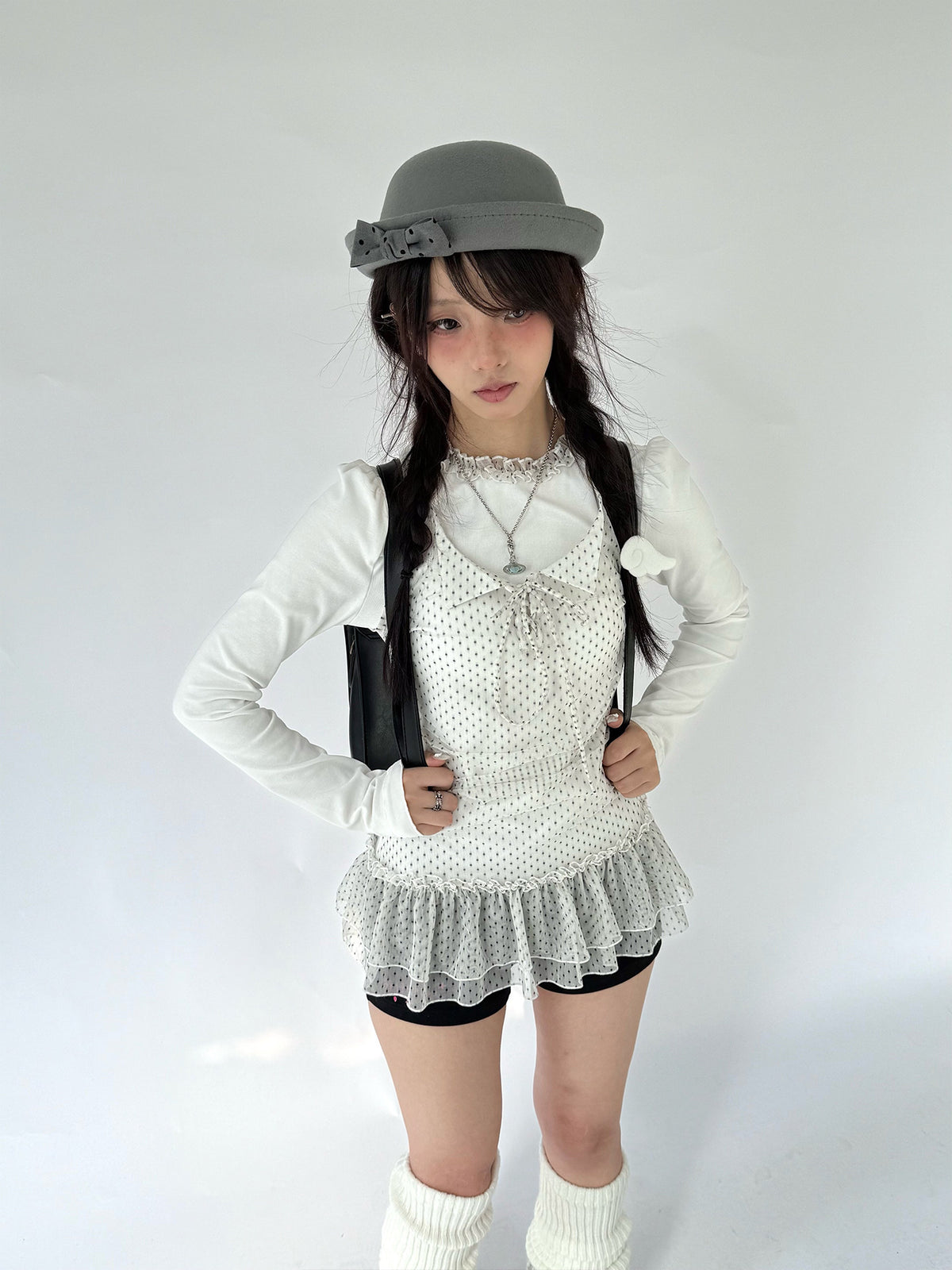 Polka Dot Mesh Ruffle Faux-Layered Long Sleeve Top
