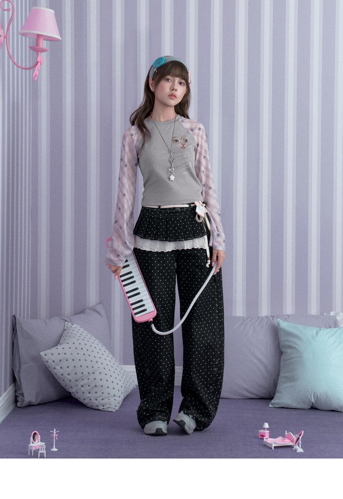 Polka Dot Wide-Leg Jeans & Detachable Lace Layering Skirt